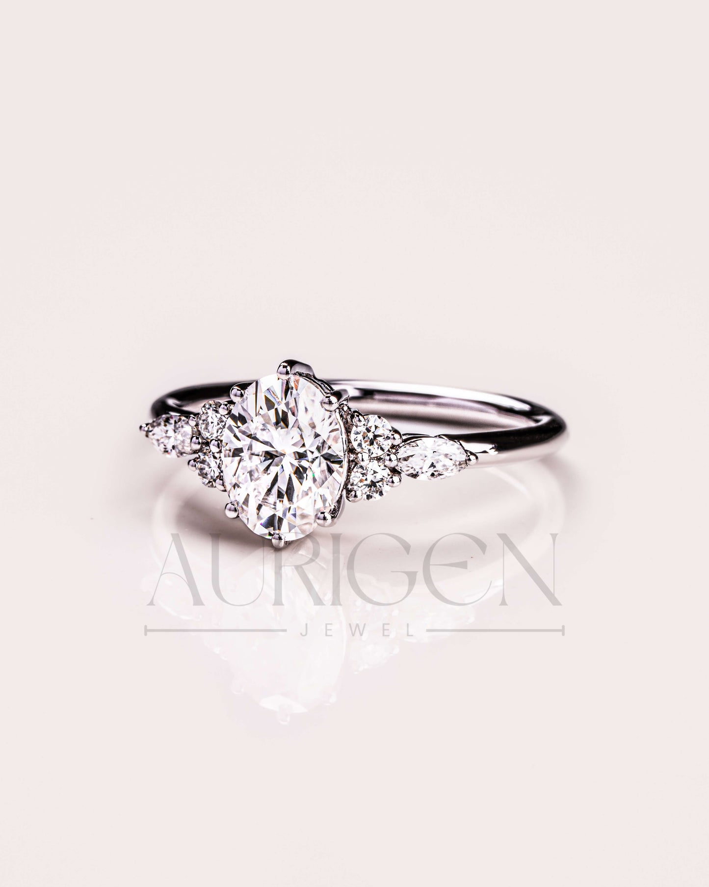 Oval Cut Moissanite and Lab Grown Diamond 14K Solid Gold Ring – Six Prong & Side Stone