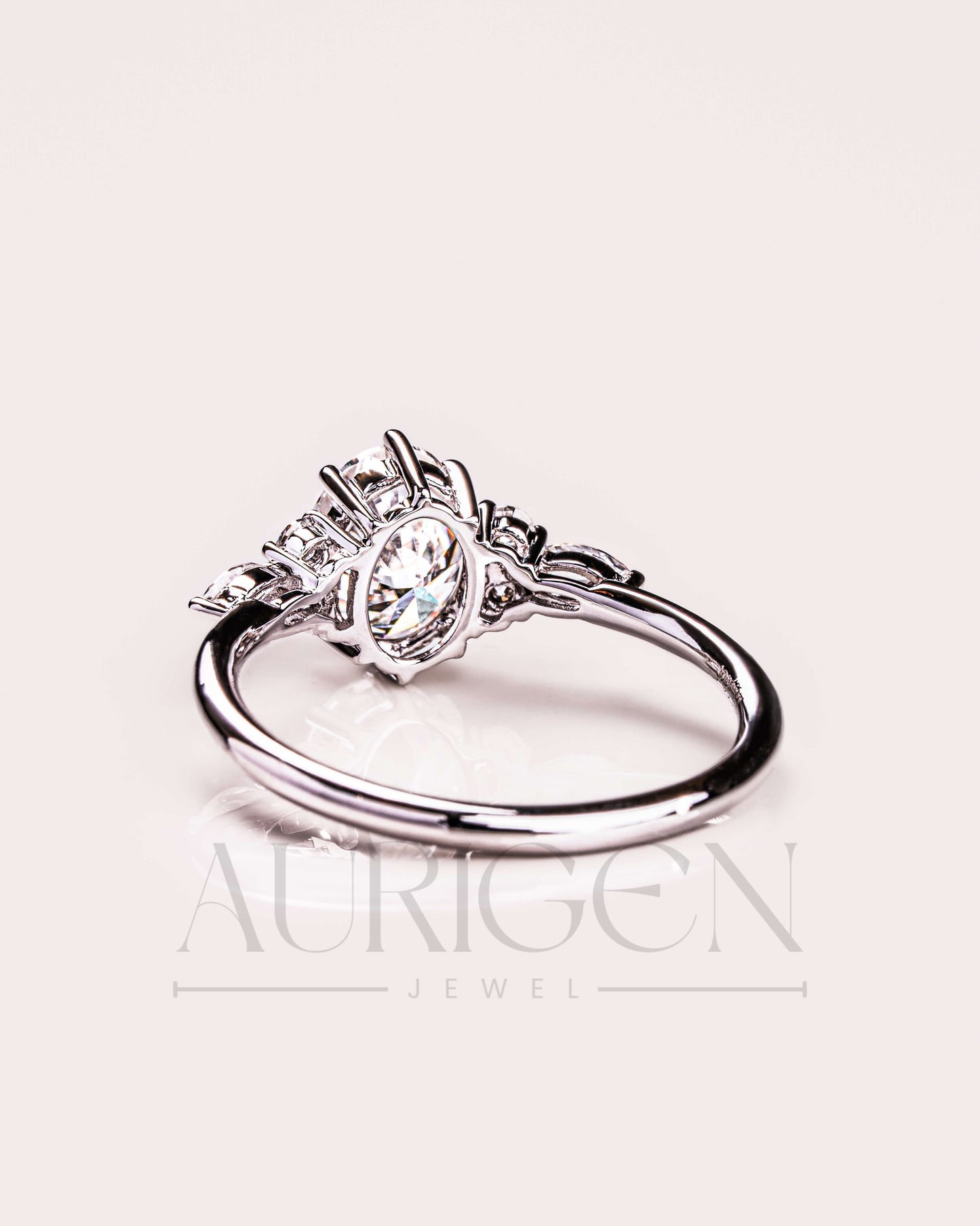 Oval Cut Moissanite and Lab Grown Diamond 14K Solid Gold Ring – Six Prong & Side Stone