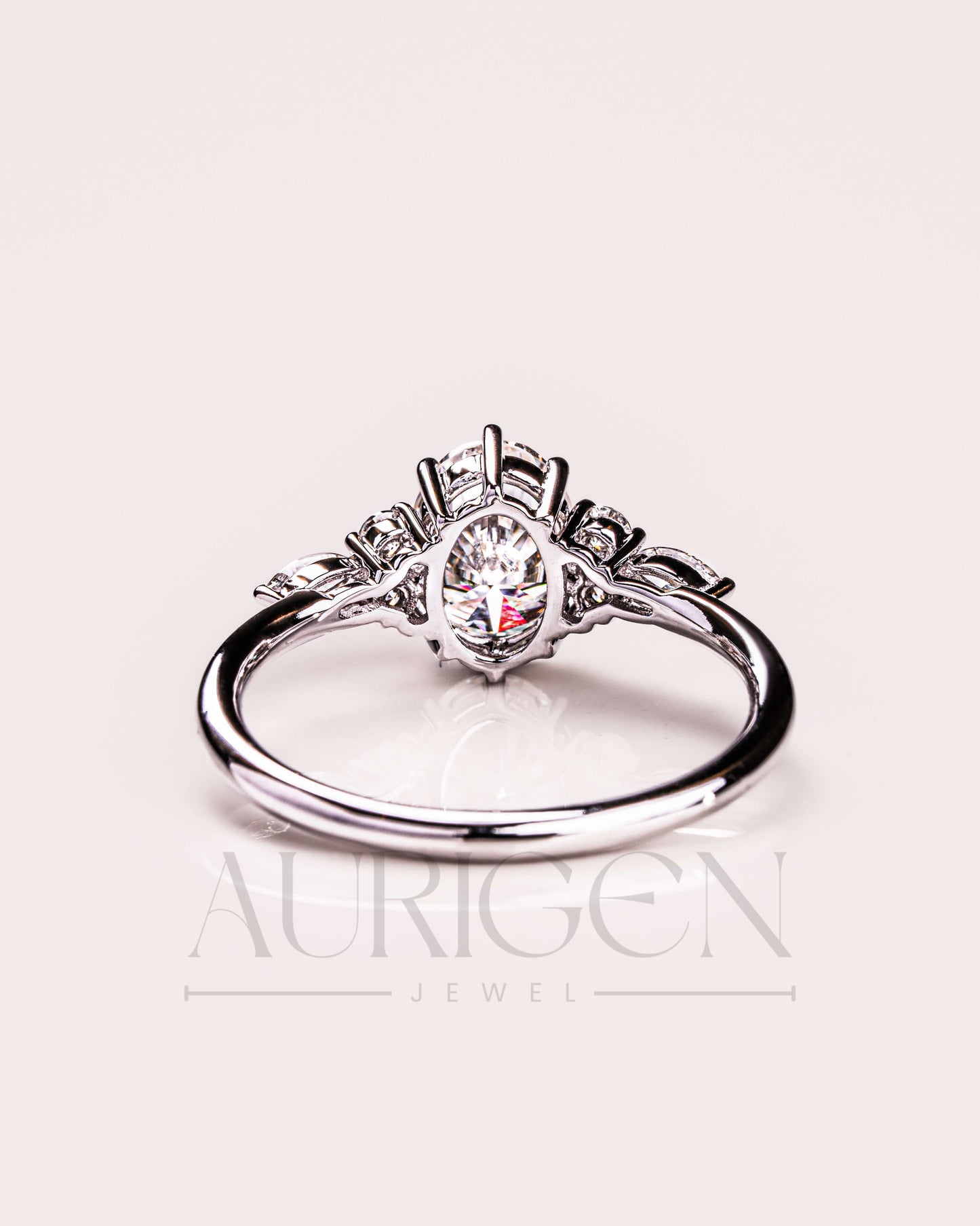 Oval Cut Moissanite and Lab Grown Diamond 14K Solid Gold Ring – Six Prong & Side Stone