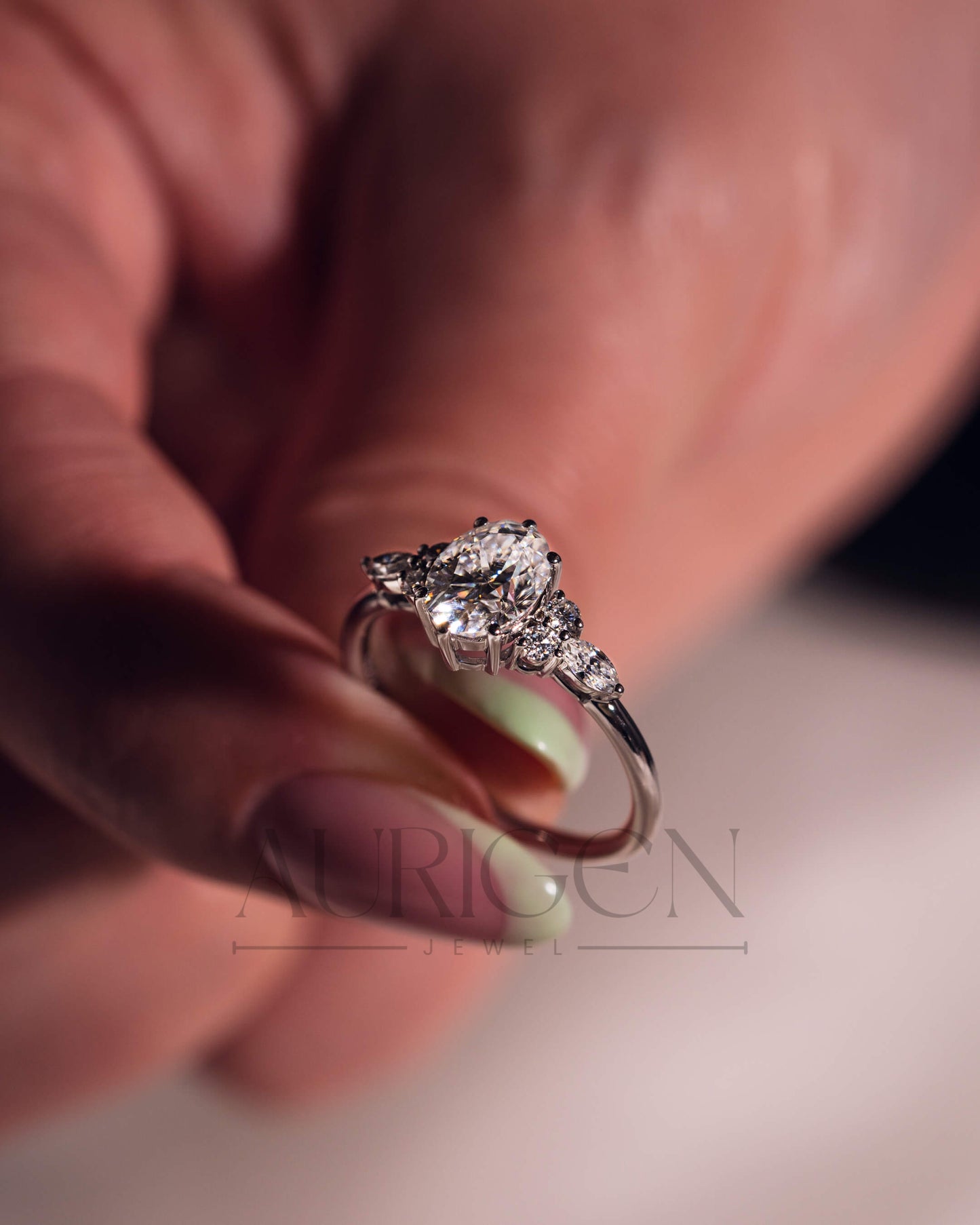 Oval Cut Moissanite and Lab Grown Diamond 14K Solid Gold Ring – Six Prong & Side Stone