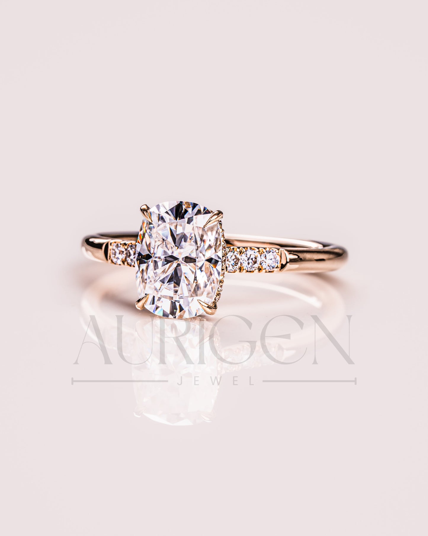 Elongated Cushion Cut Moissanite & Leb Engagement Ring Hidden with Side Round Diamond 14K Rose Gold
