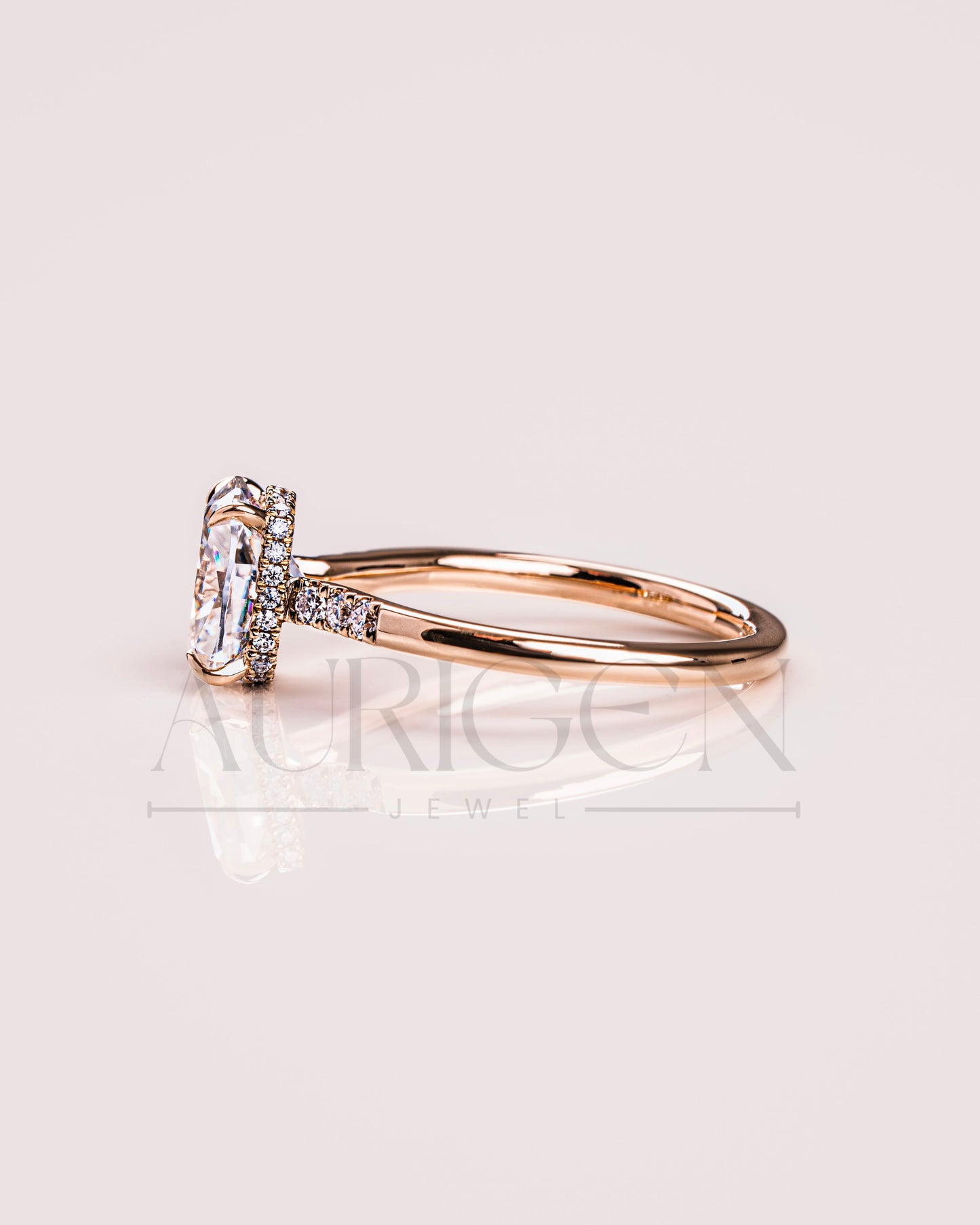 Elongated Cushion Cut Moissanite & Leb Engagement Ring Hidden with Side Round Diamond 14K Rose Gold