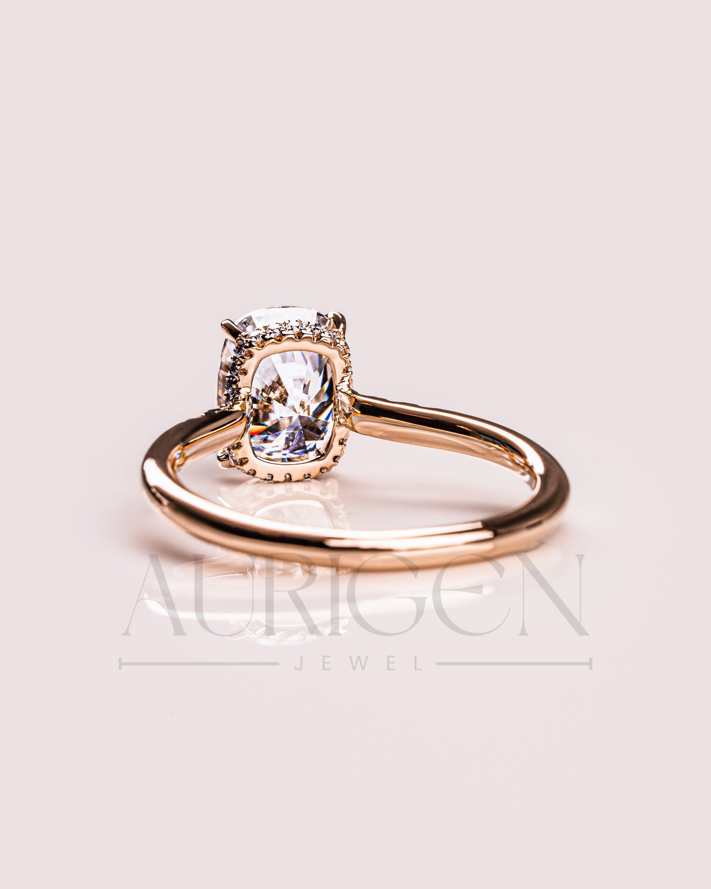 Elongated Cushion Cut Moissanite & Leb Engagement Ring Hidden with Side Round Diamond 14K Rose Gold