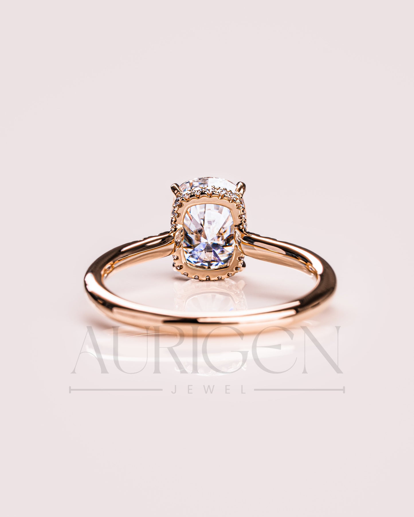 Elongated Cushion Cut Moissanite & Leb Engagement Ring Hidden with Side Round Diamond 14K Rose Gold