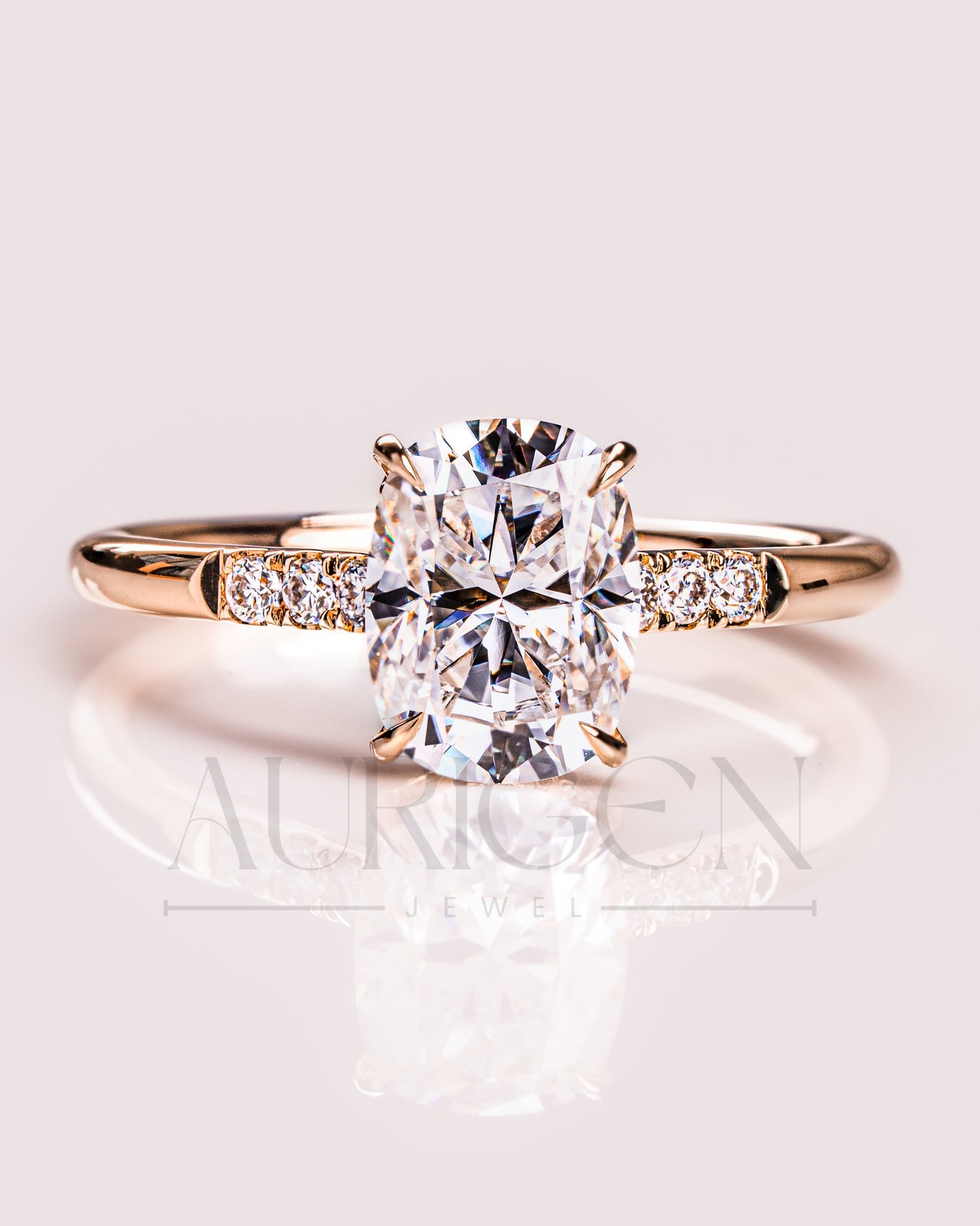 Elongated Cushion Cut Moissanite & Leb Engagement Ring Hidden with Side Round Diamond 14K Rose Gold