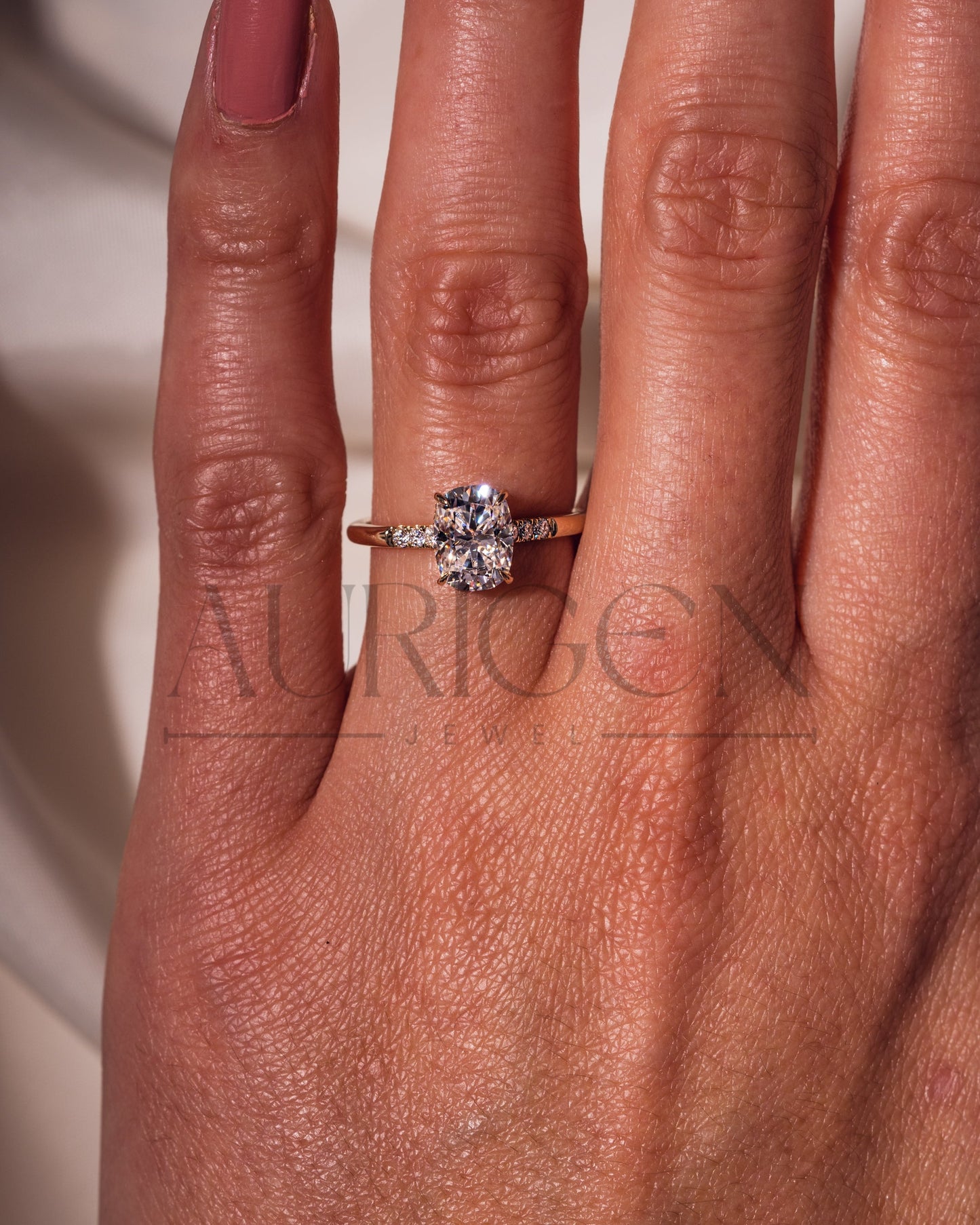Elongated Cushion Cut Moissanite & Leb Engagement Ring Hidden with Side Round Diamond 14K Rose Gold