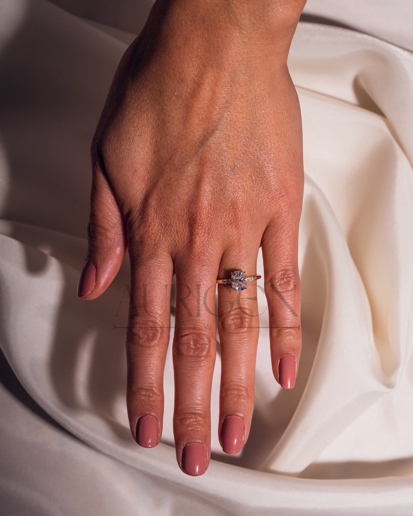 Elongated Cushion Cut Moissanite & Leb Engagement Ring Hidden with Side Round Diamond 14K Rose Gold