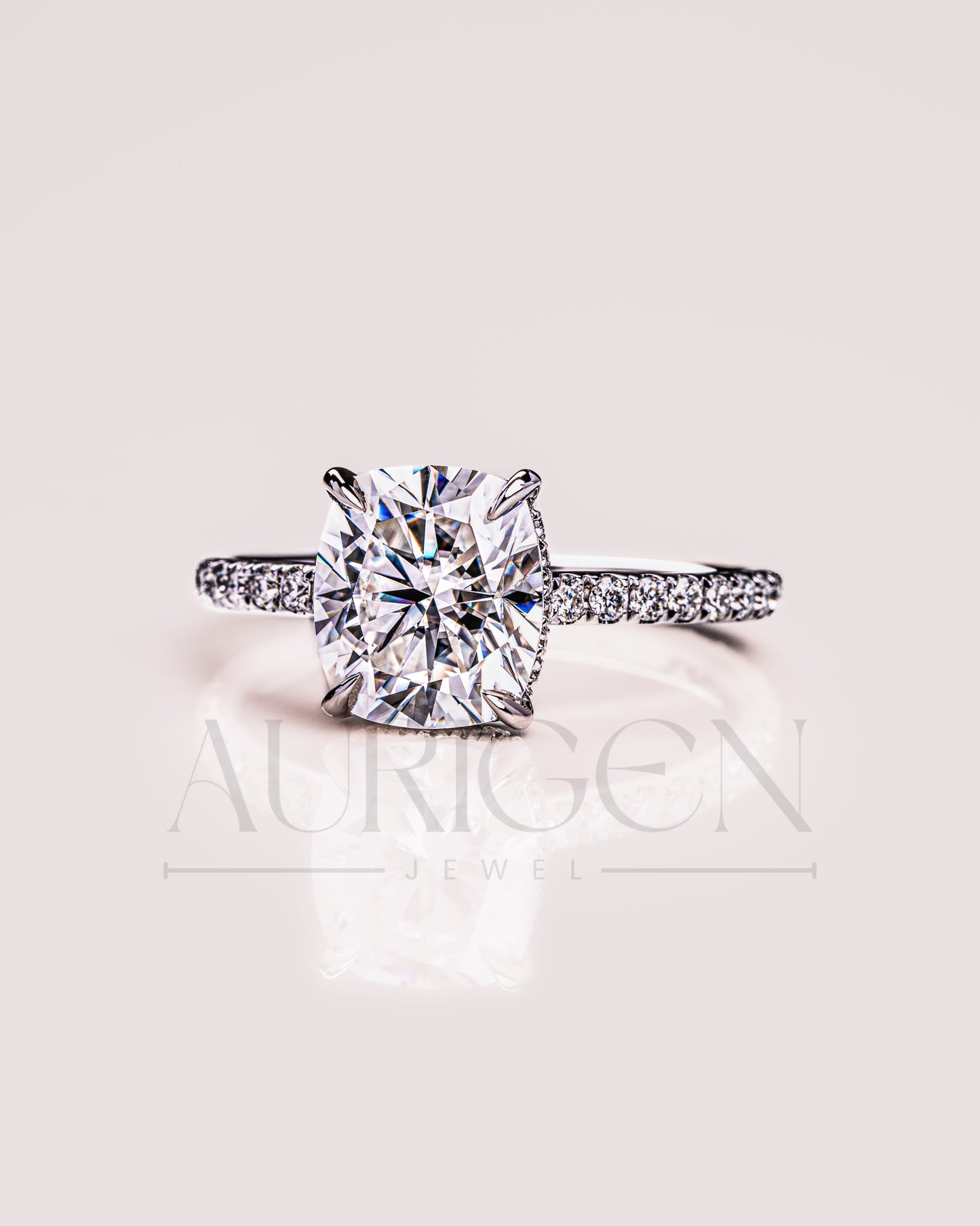 4-Prong Cushion Brilliant Moissanite & Leb Diamond Ring Halo With Pave Setting Solid Gold Ring