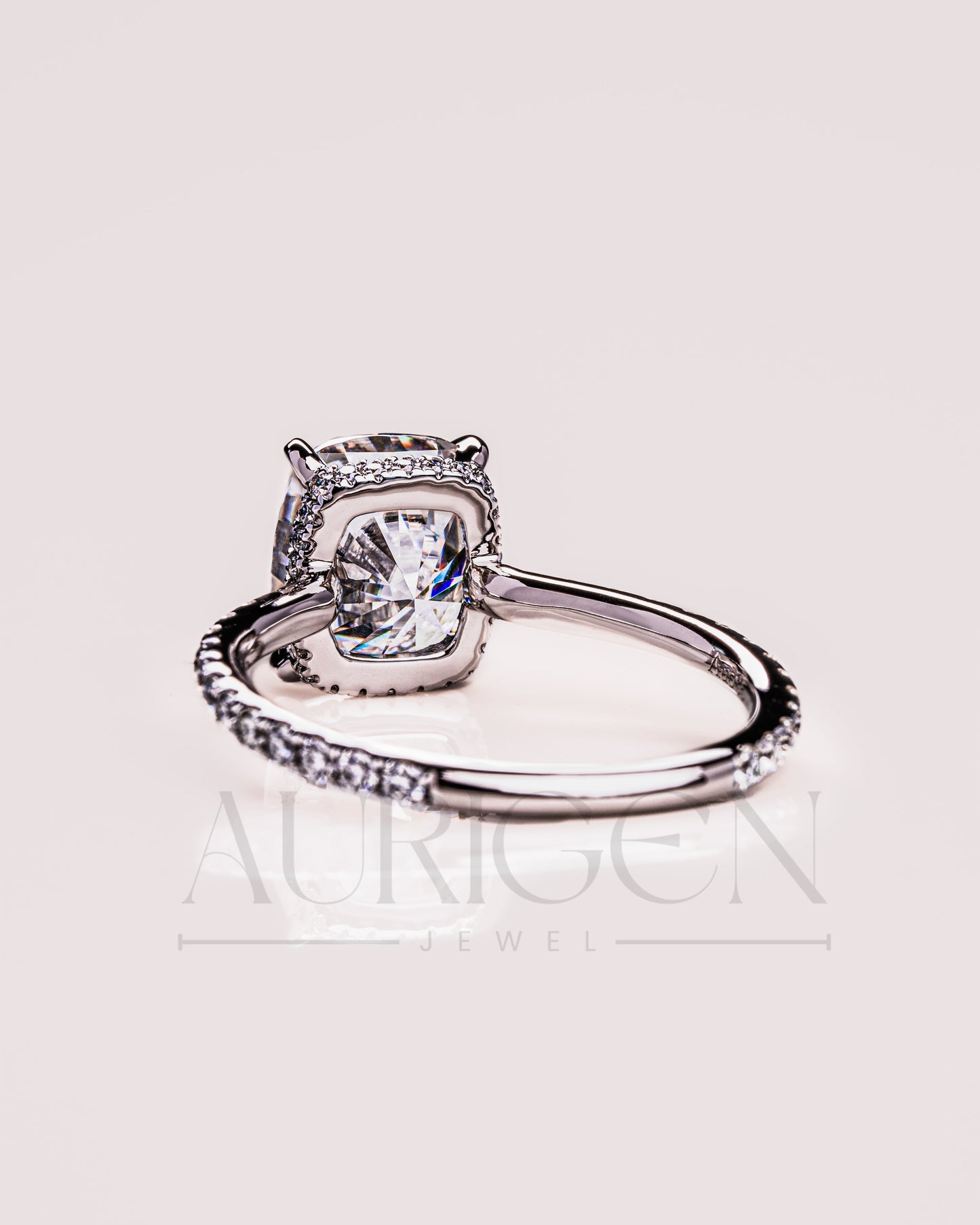 4-Prong Cushion Brilliant Moissanite & Leb Diamond Ring Halo With Pave Setting Solid Gold Ring