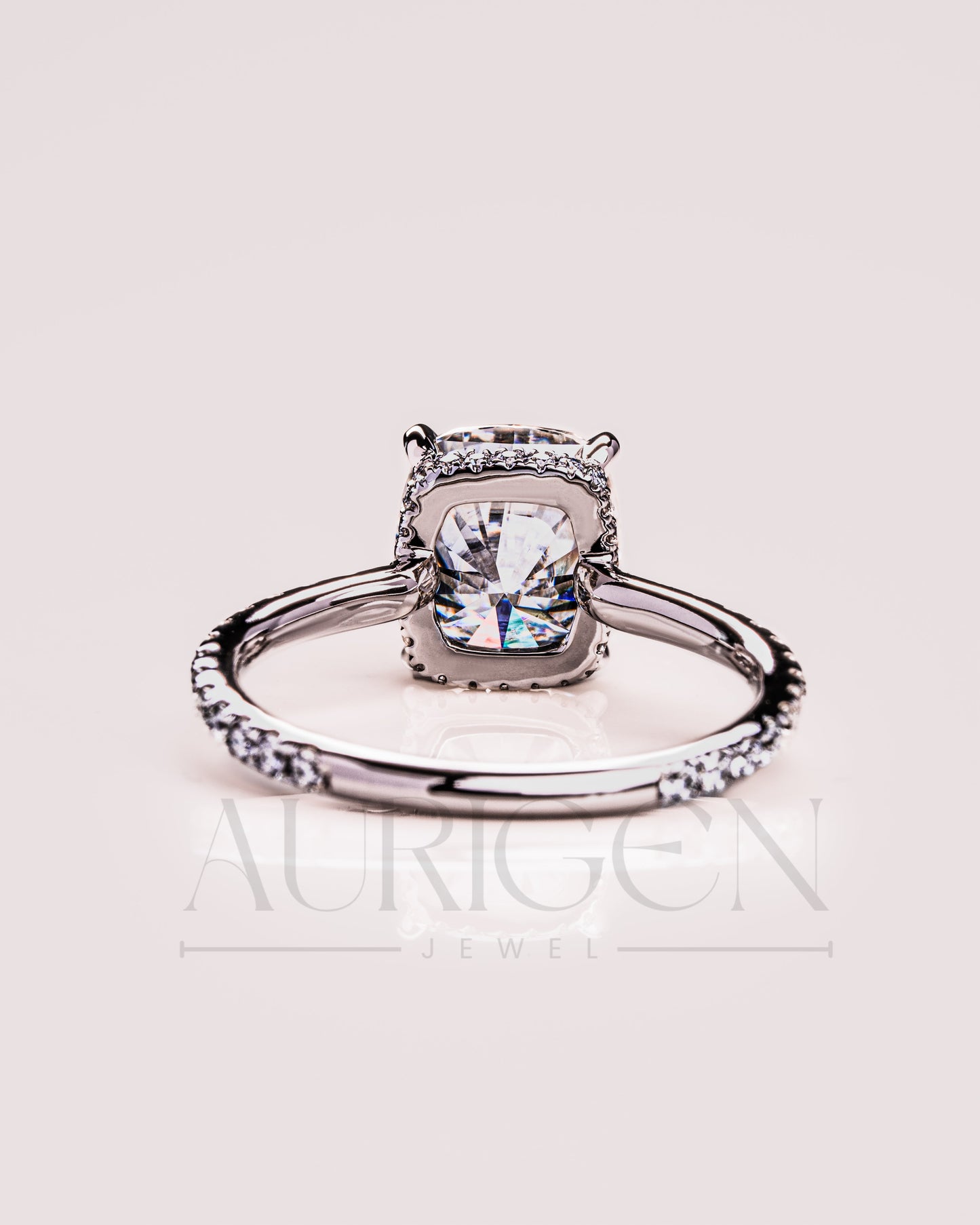 4-Prong Cushion Brilliant Moissanite & Leb Diamond Ring Halo With Pave Setting Solid Gold Ring