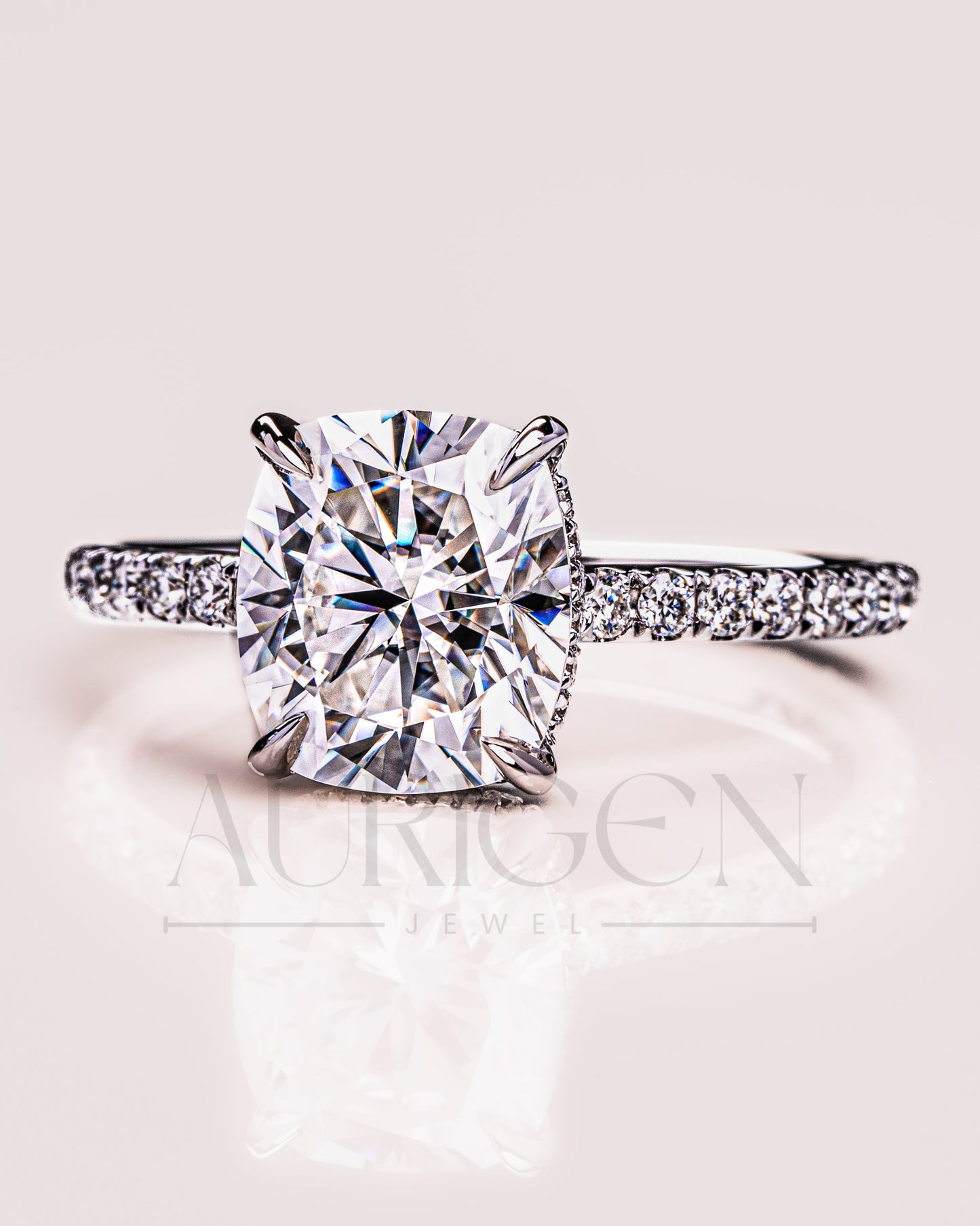 4-Prong Cushion Brilliant Moissanite & Leb Diamond Ring Halo With Pave Setting Solid Gold Ring
