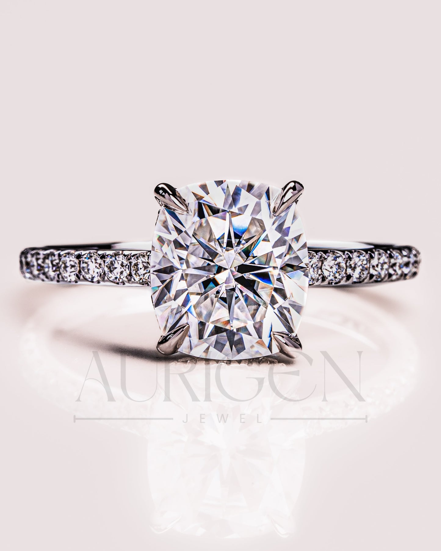 4-Prong Cushion Brilliant Moissanite & Leb Diamond Ring Halo With Pave Setting Solid Gold Ring
