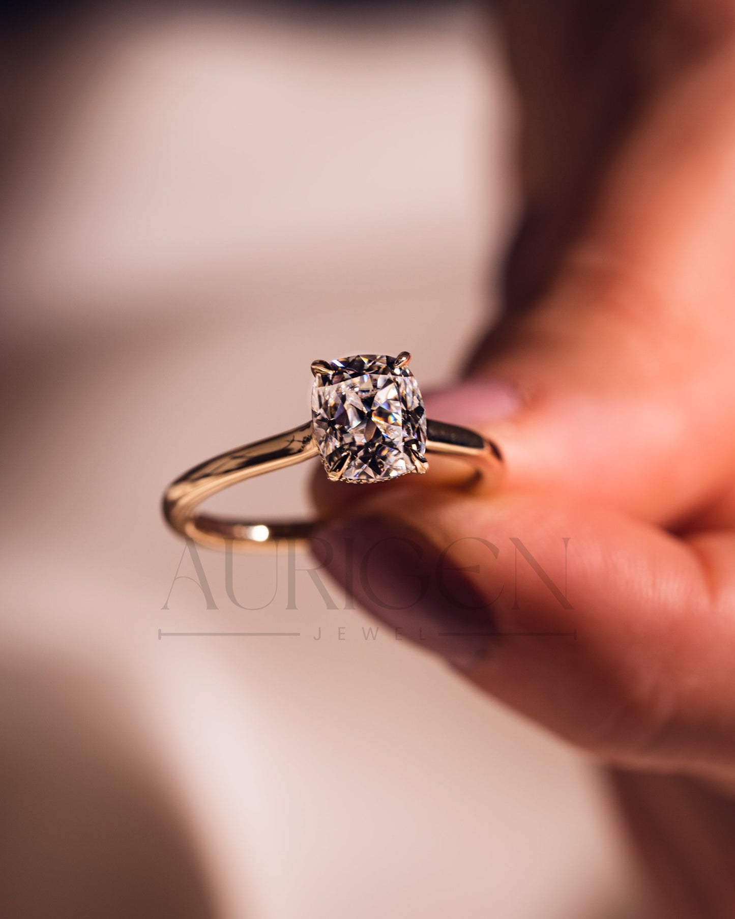 Solitaire Cushion Cut Engagement Ring - Moissanite and Lab Grown Diamond