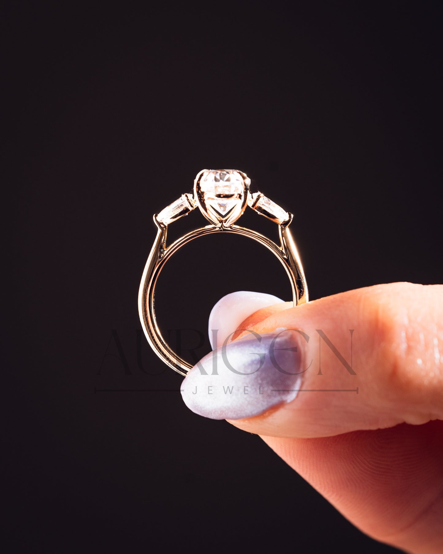 Oval Moissanite & Leb Three Stone Engagement Ring with Pear Accents 14K Rose Gold