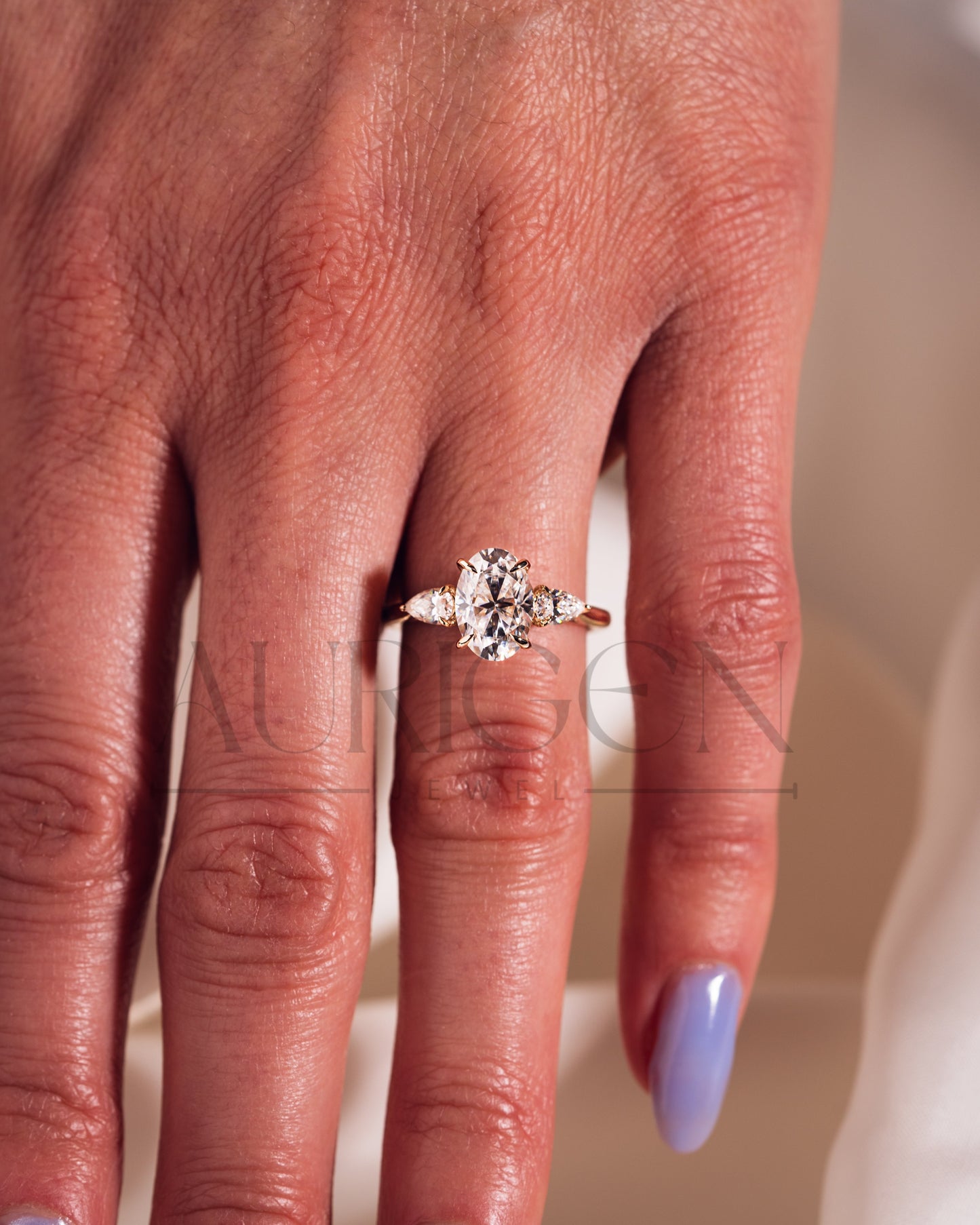 Oval Moissanite & Leb Three Stone Engagement Ring with Pear Accents 14K Rose Gold