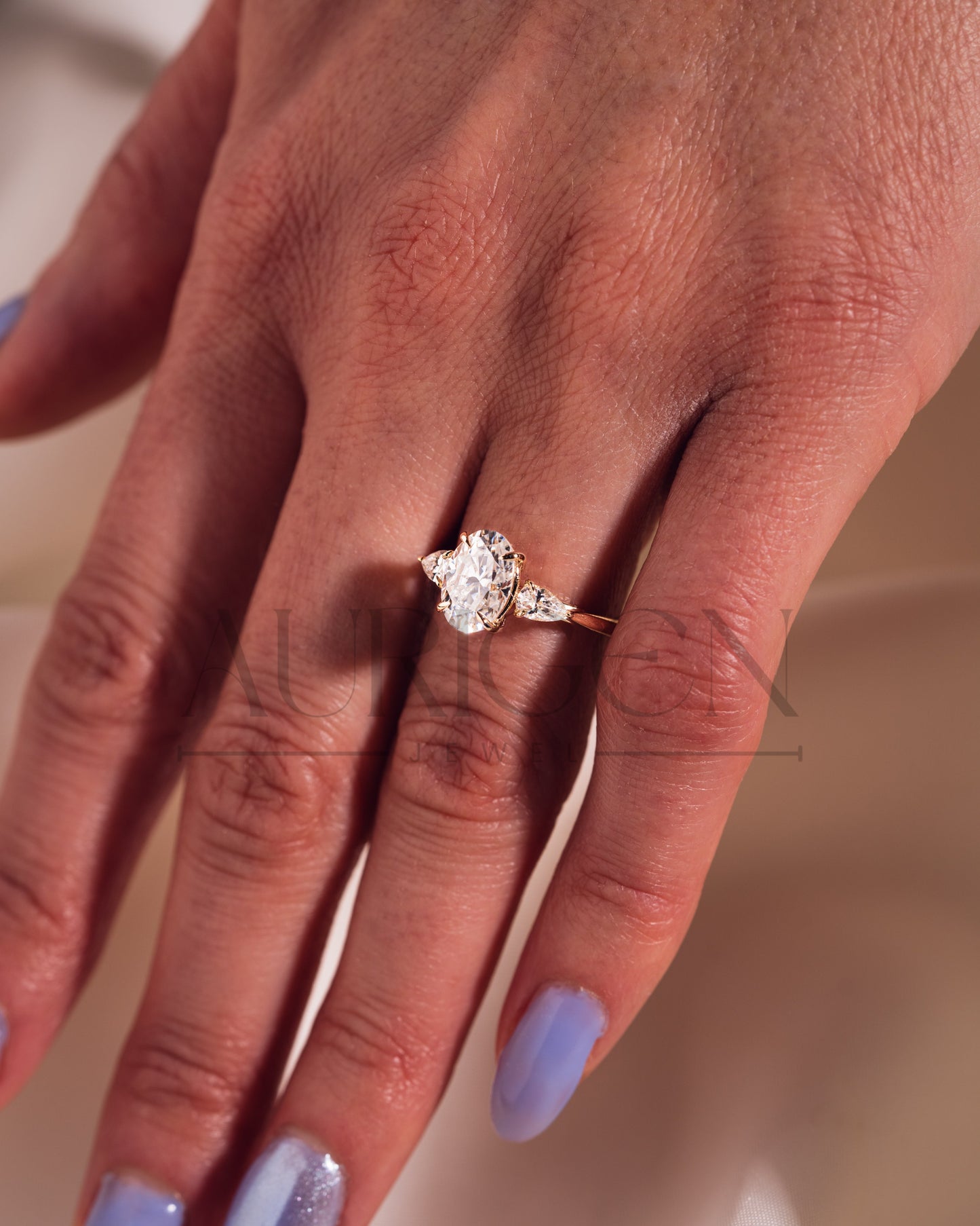 Oval Moissanite & Leb Three Stone Engagement Ring with Pear Accents 14K Rose Gold