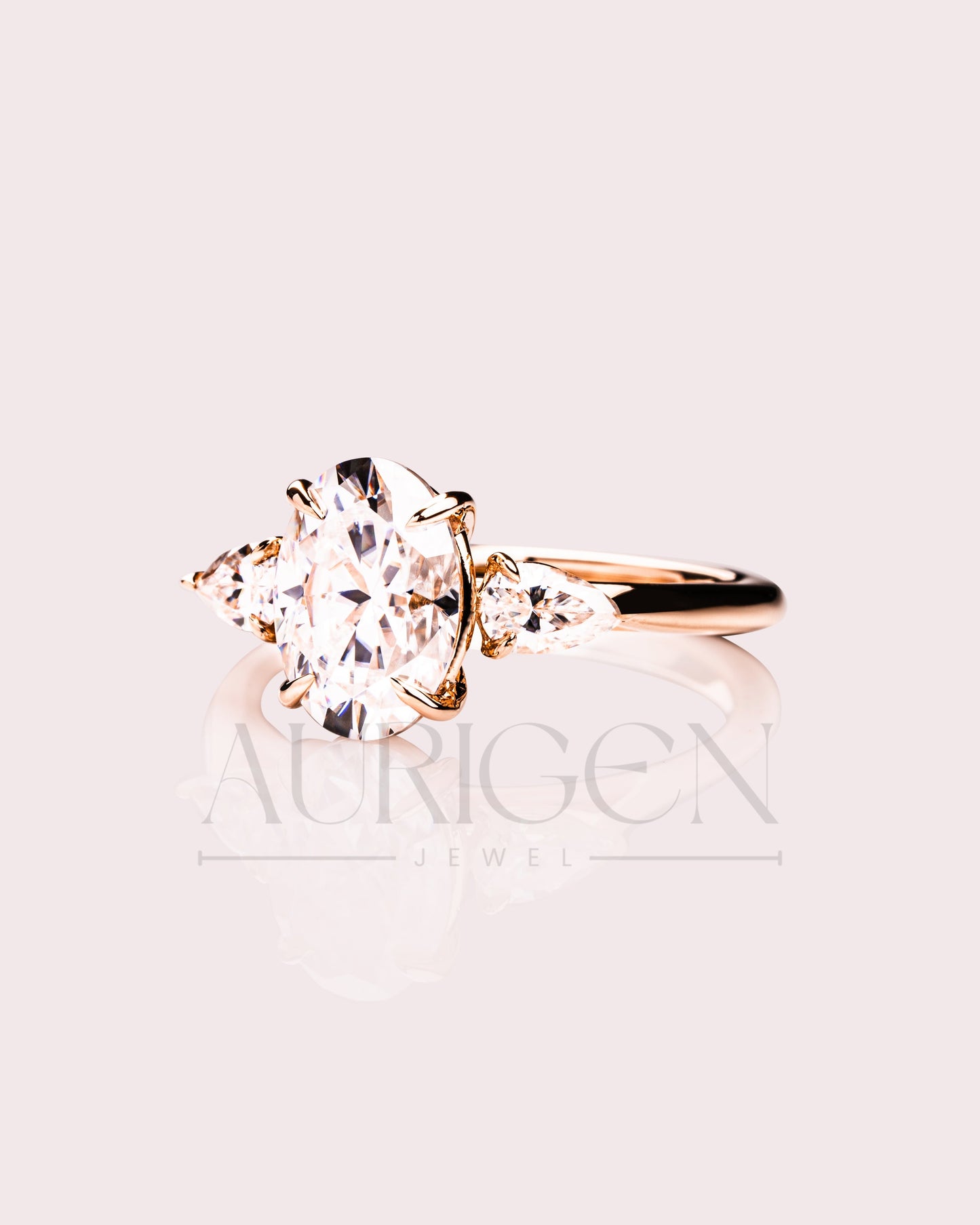 Oval Moissanite & Leb Three Stone Engagement Ring with Pear Accents 14K Rose Gold