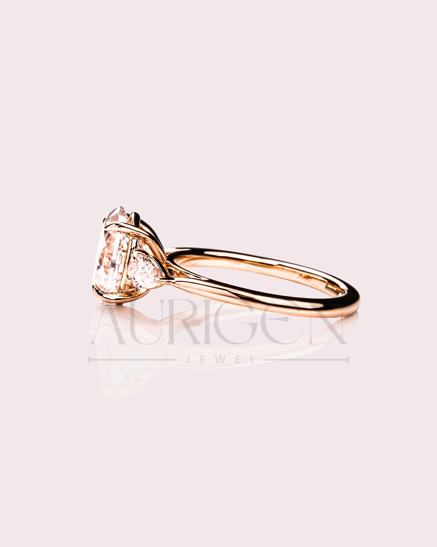 Oval Moissanite & Leb Three Stone Engagement Ring with Pear Accents 14K Rose Gold
