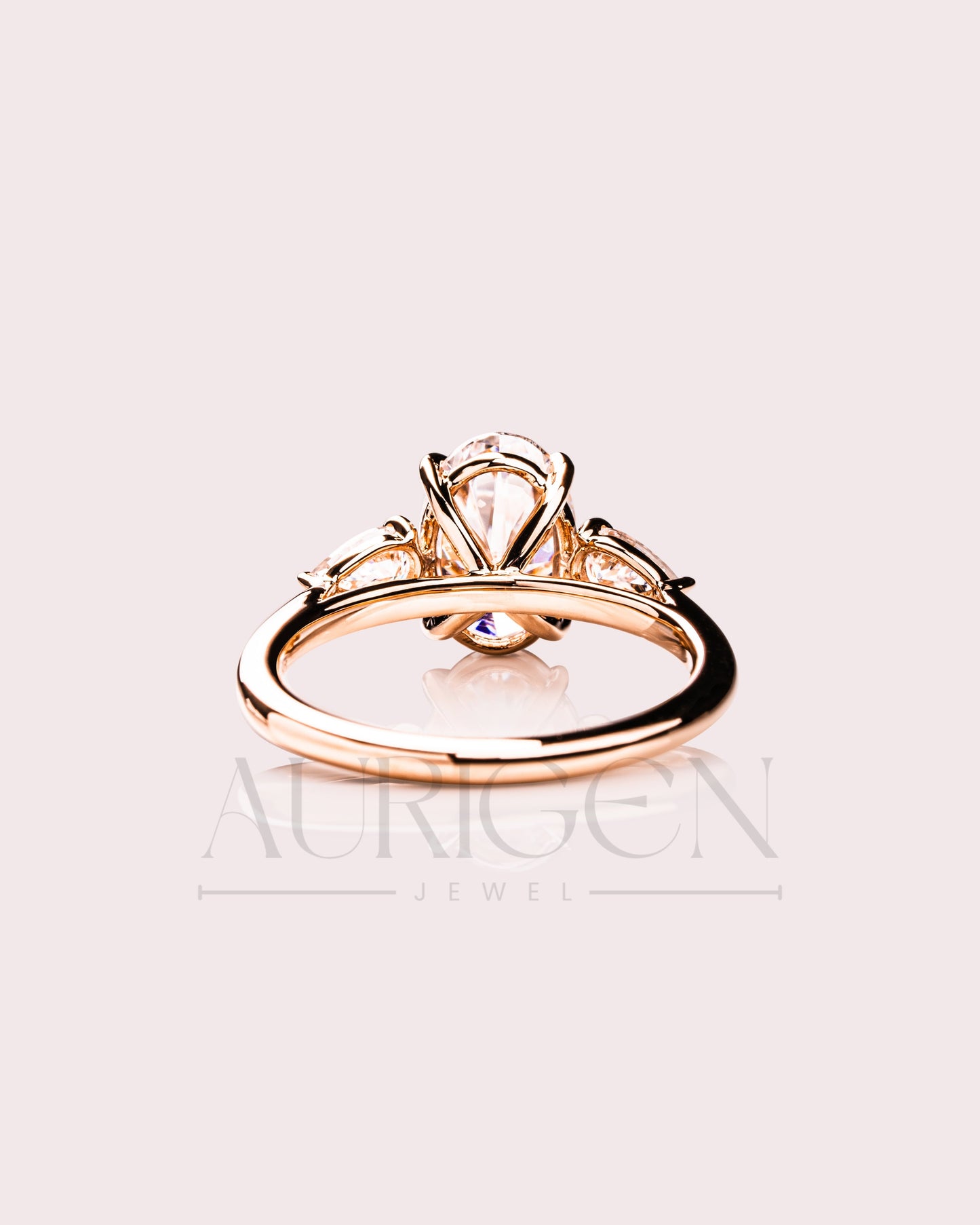 Oval Moissanite & Leb Three Stone Engagement Ring with Pear Accents 14K Rose Gold