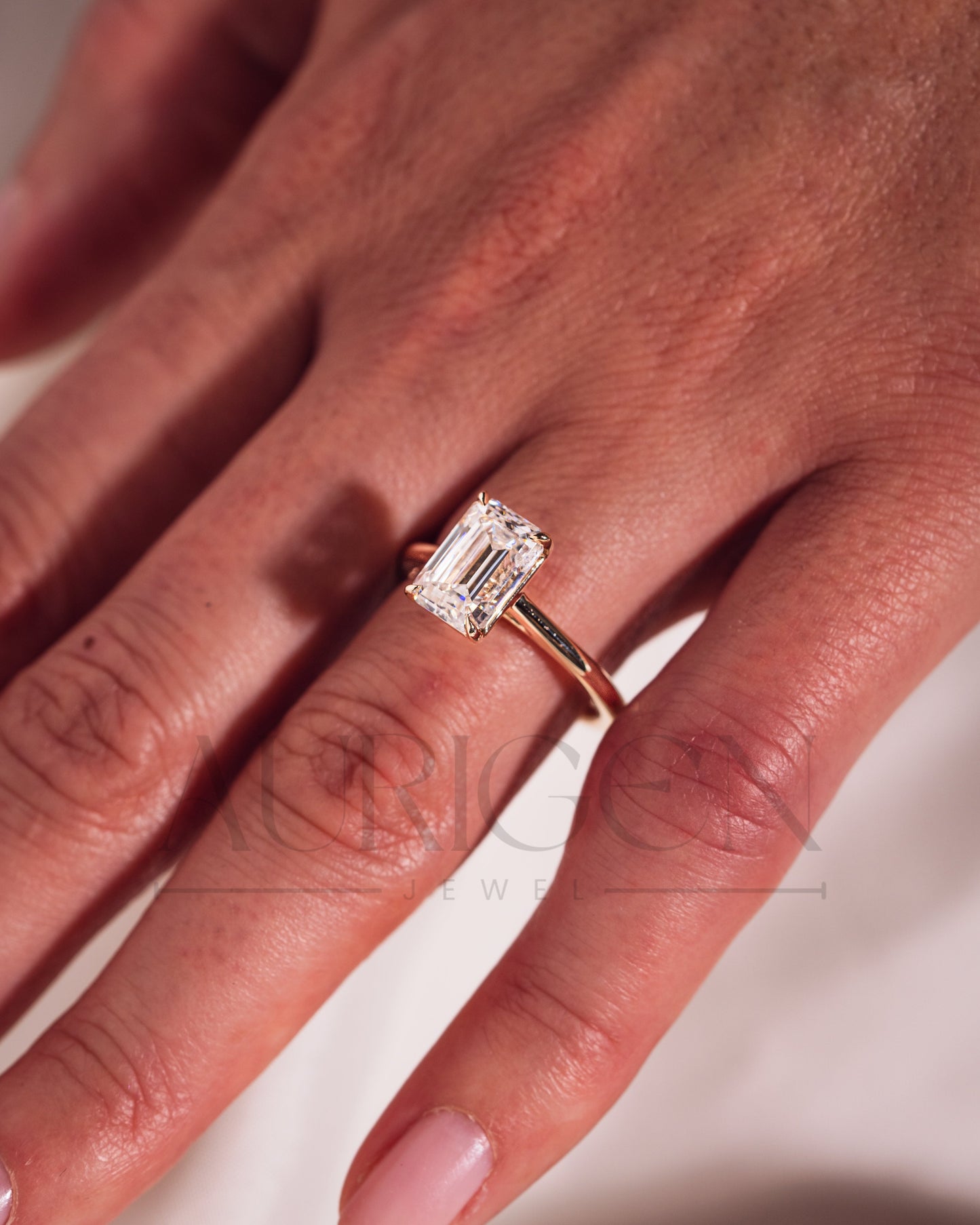 Moissanite and Lab Grown Diamond Emerald Cut Solitaire Engagement Ring in Solid Gold