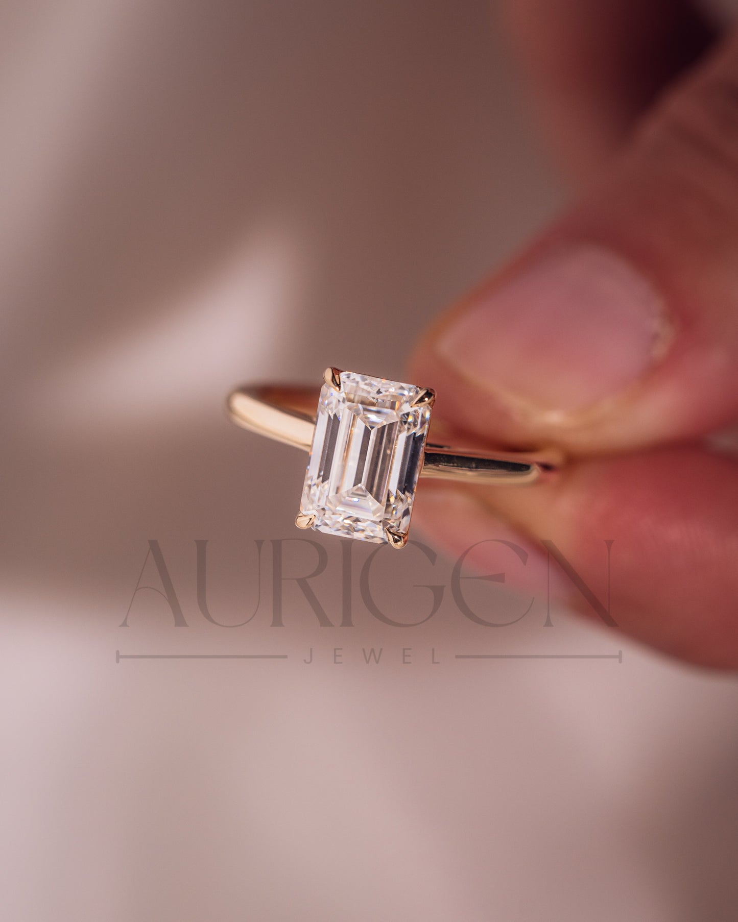 Moissanite and Lab Grown Diamond Emerald Cut Solitaire Engagement Ring in Solid Gold
