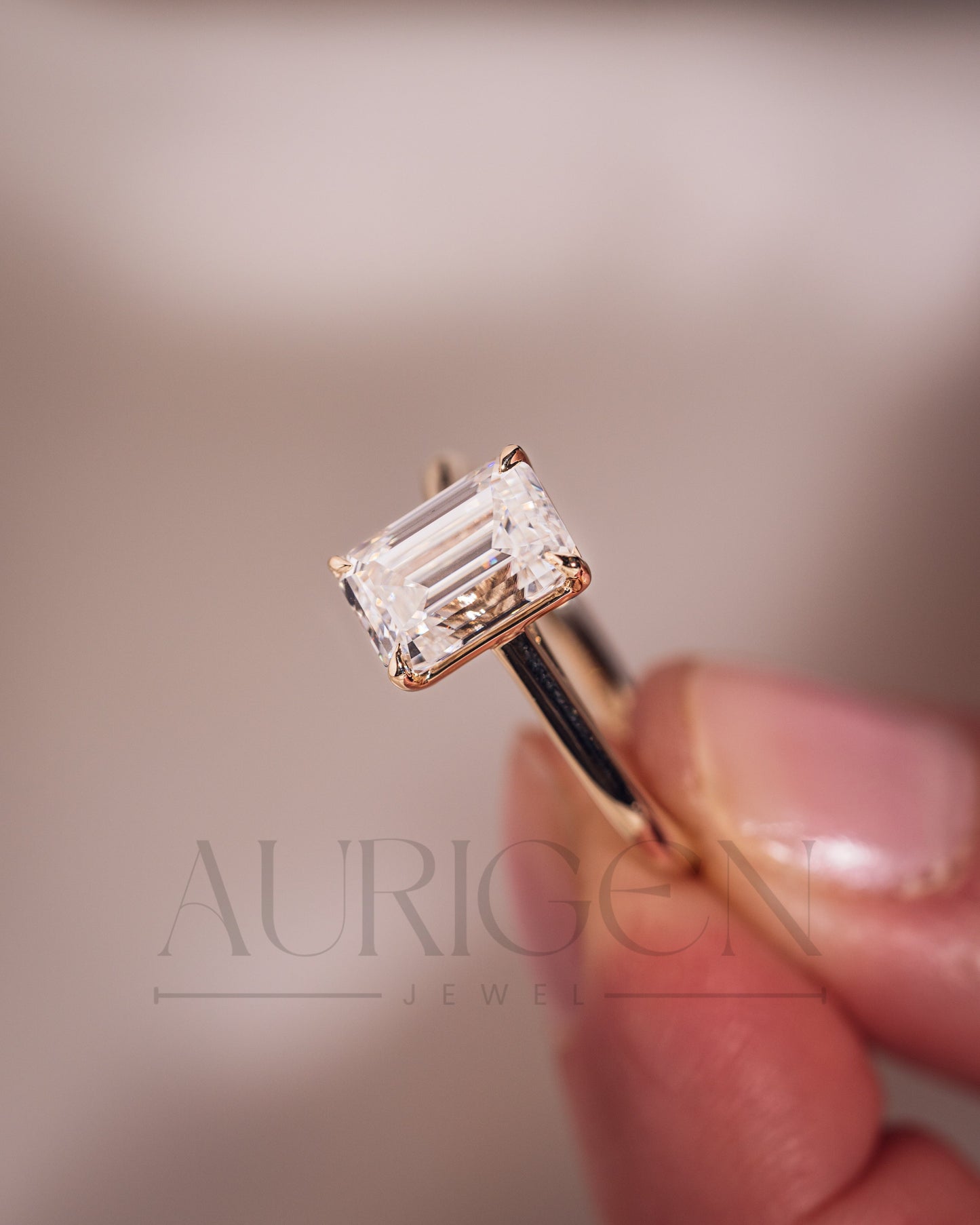 Moissanite and Lab Grown Diamond Emerald Cut Solitaire Engagement Ring in Solid Gold