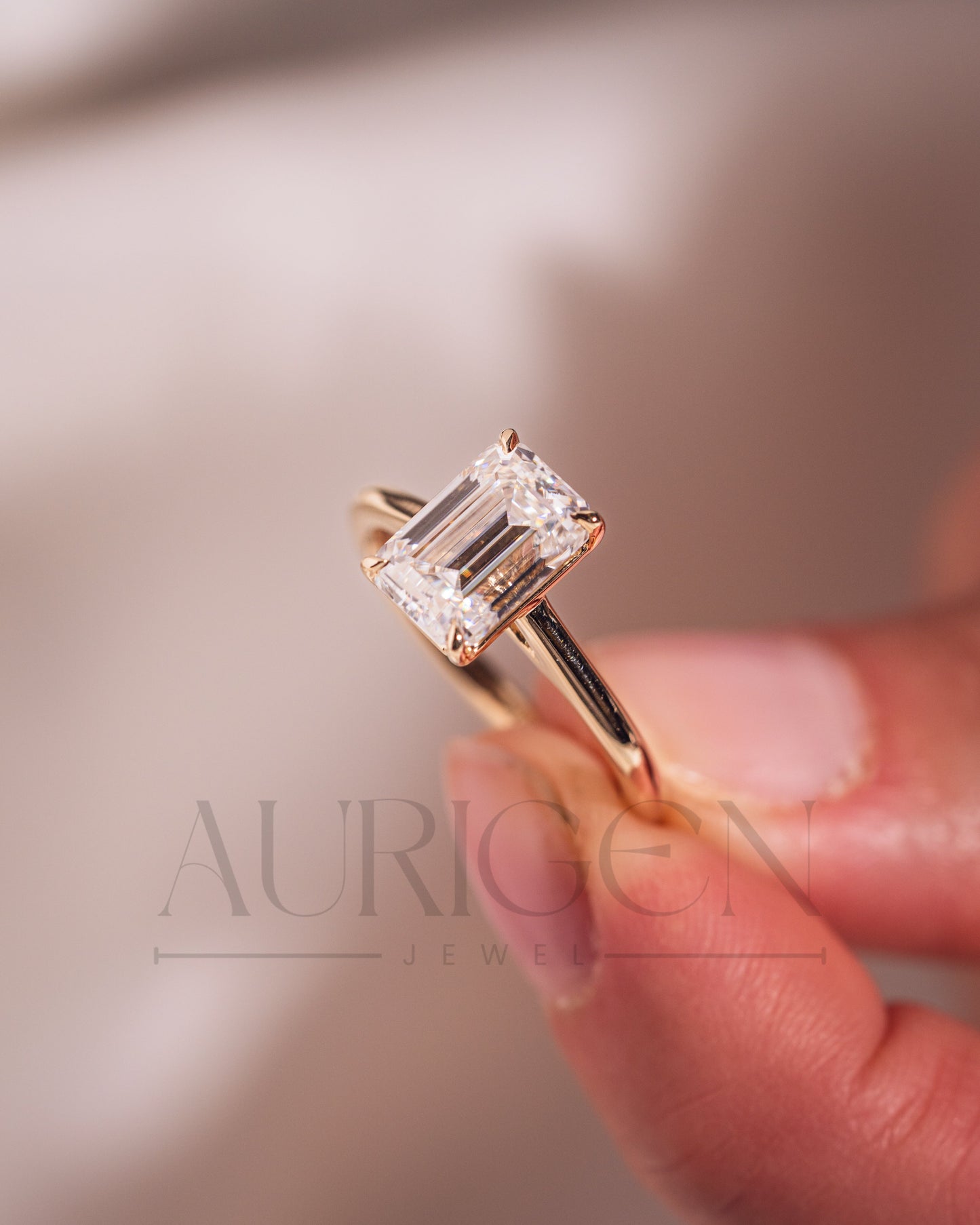 Moissanite and Lab Grown Diamond Emerald Cut Solitaire Engagement Ring in Solid Gold