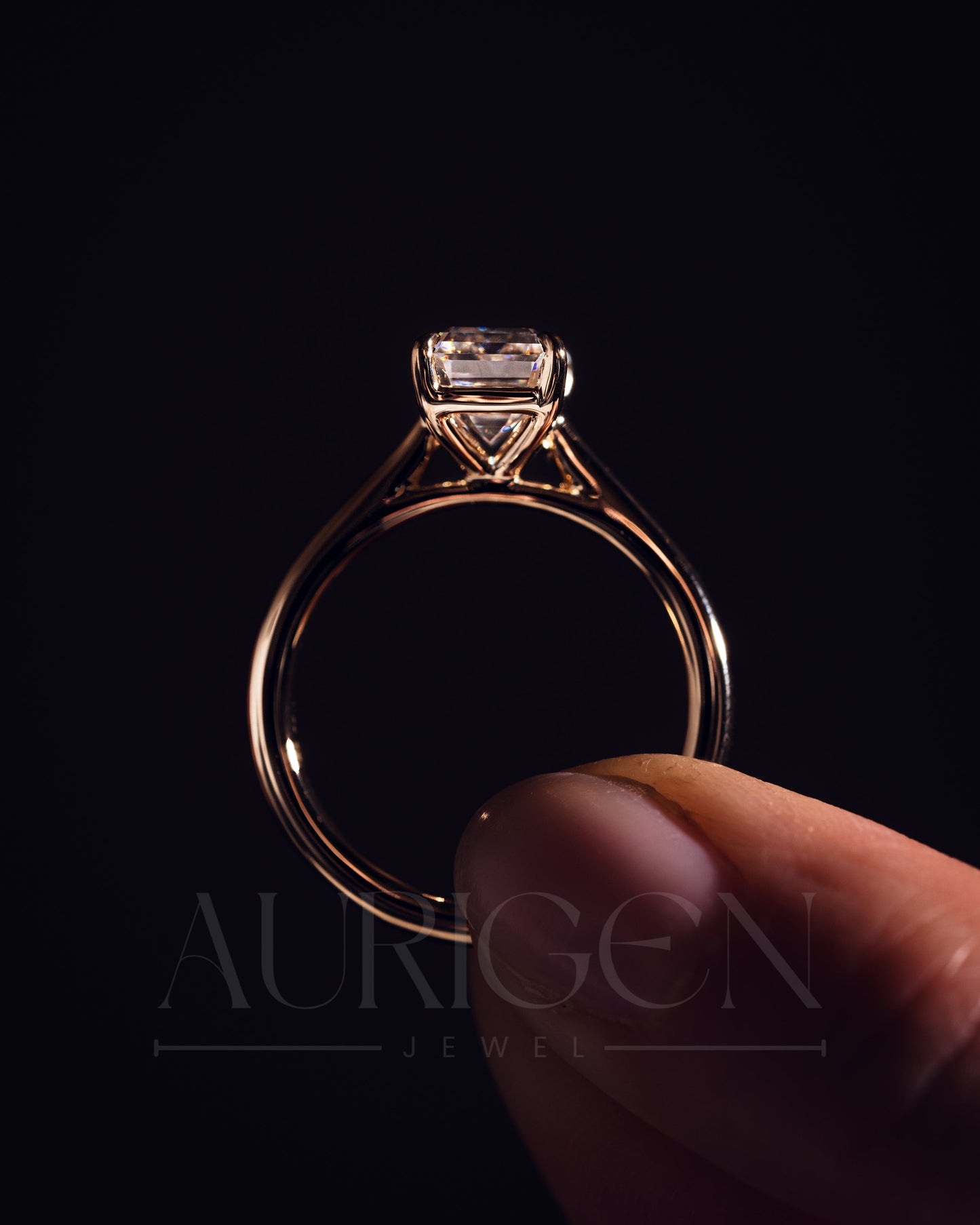 Moissanite and Lab Grown Diamond Emerald Cut Solitaire Engagement Ring in Solid Gold