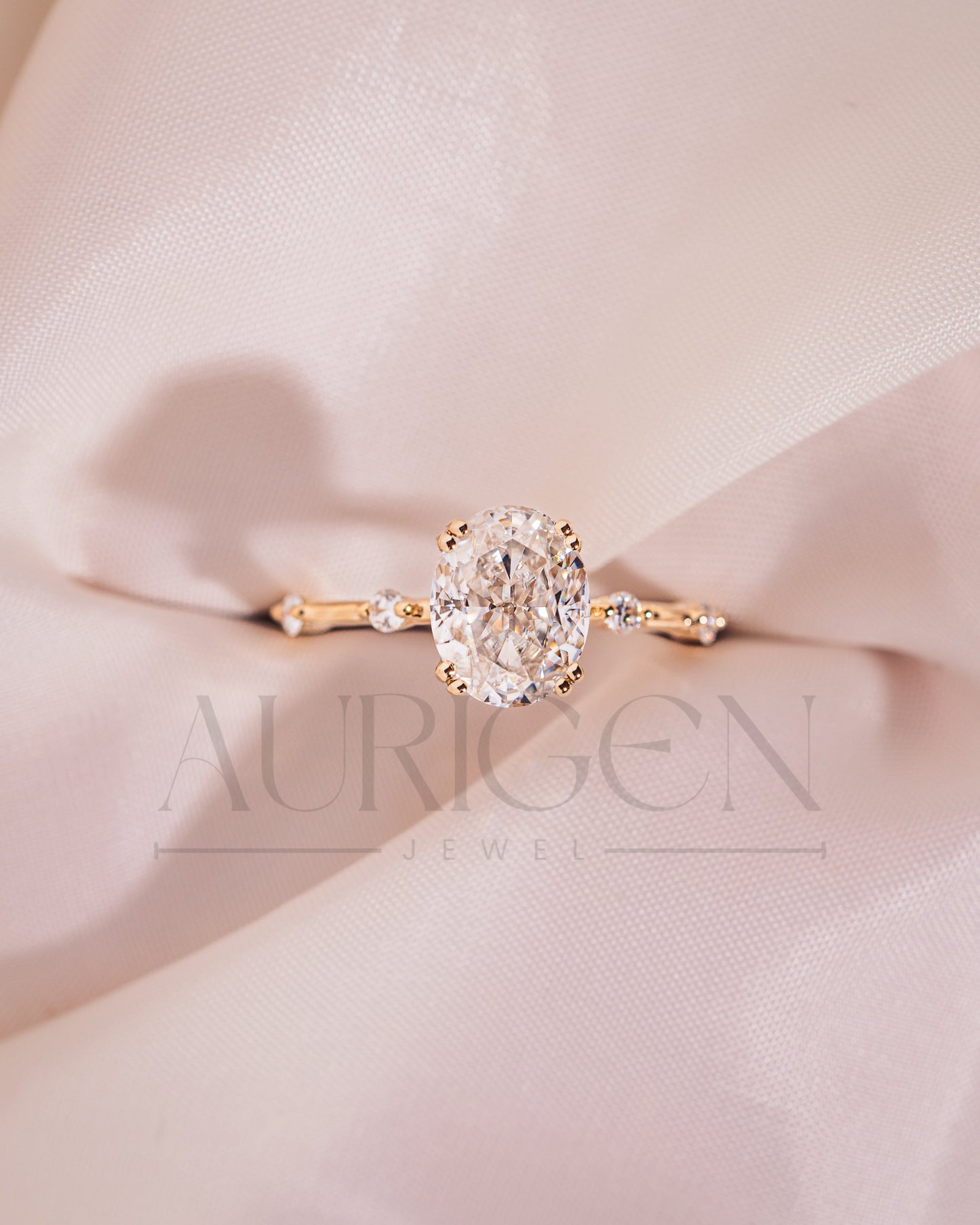 Crushed Ice Oval Cut Moissanite and Lab Grown Diamond Flush Set Engagement Ring