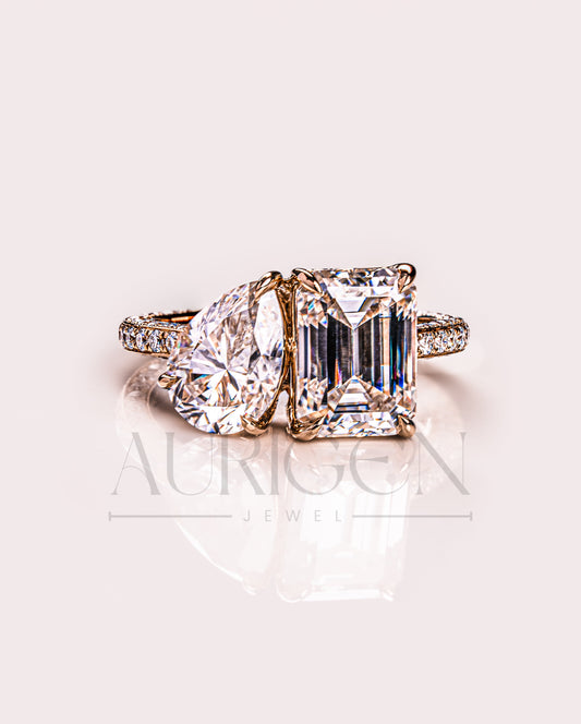 Pear and Emerald Cut Moissanite and Lab Grown Diamond Ring with Pave