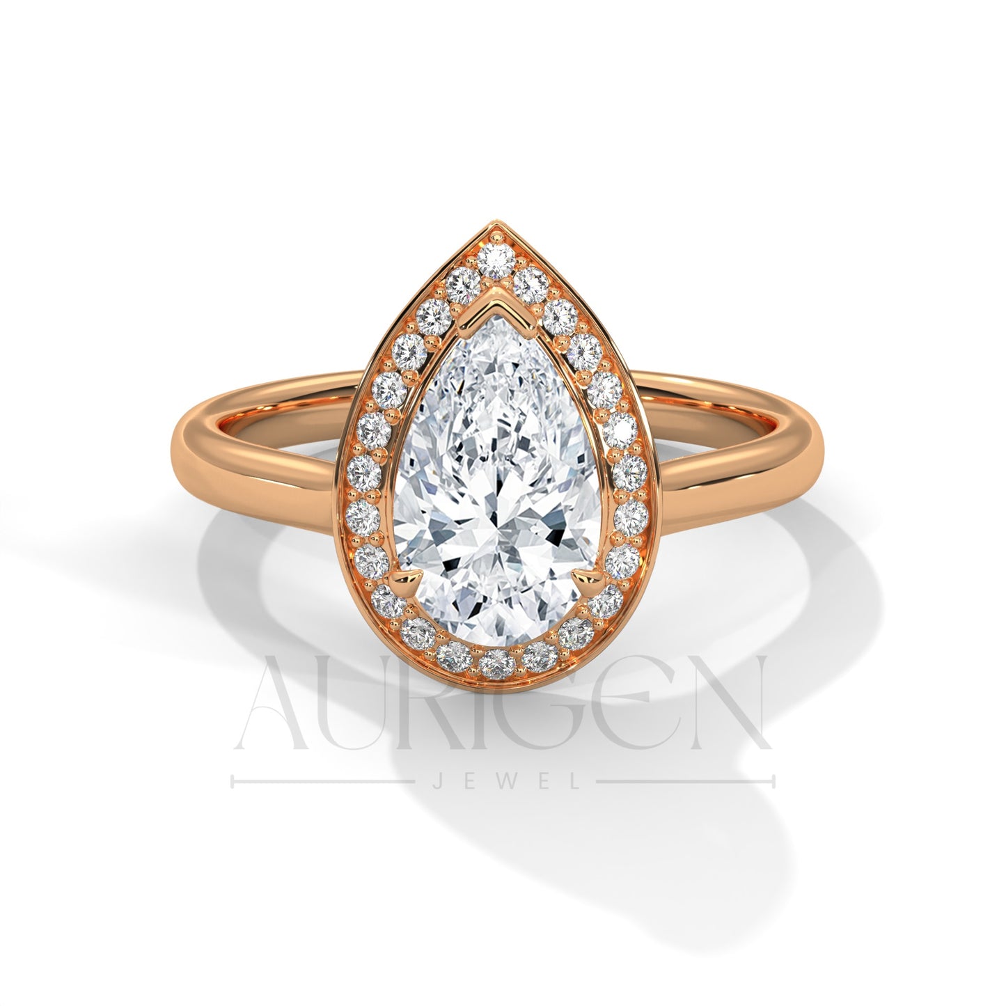 Pear Shaped Diamond Halo Engagement Ring in 14K Solid Gold