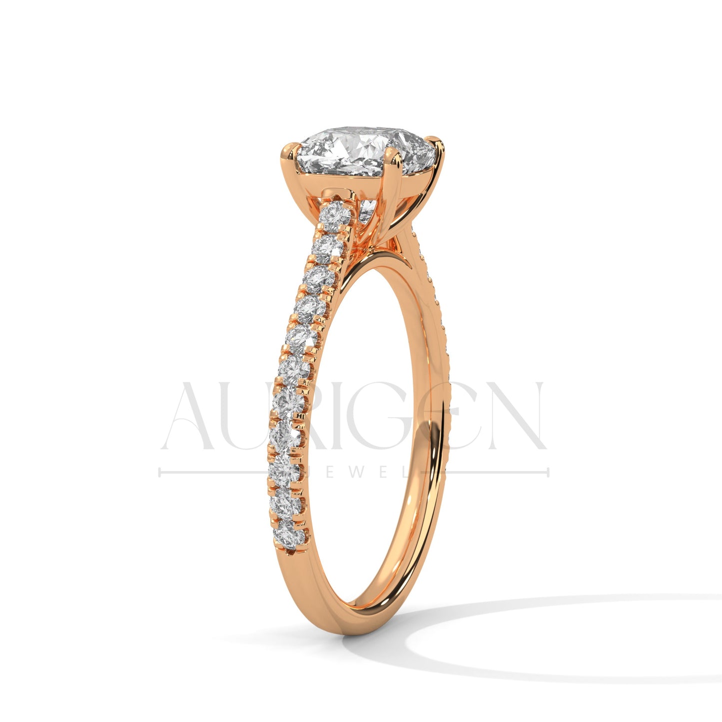 2 Ct Cushion Cut Diamond Engagement Ring with Pave Band in 14K Solid Gold