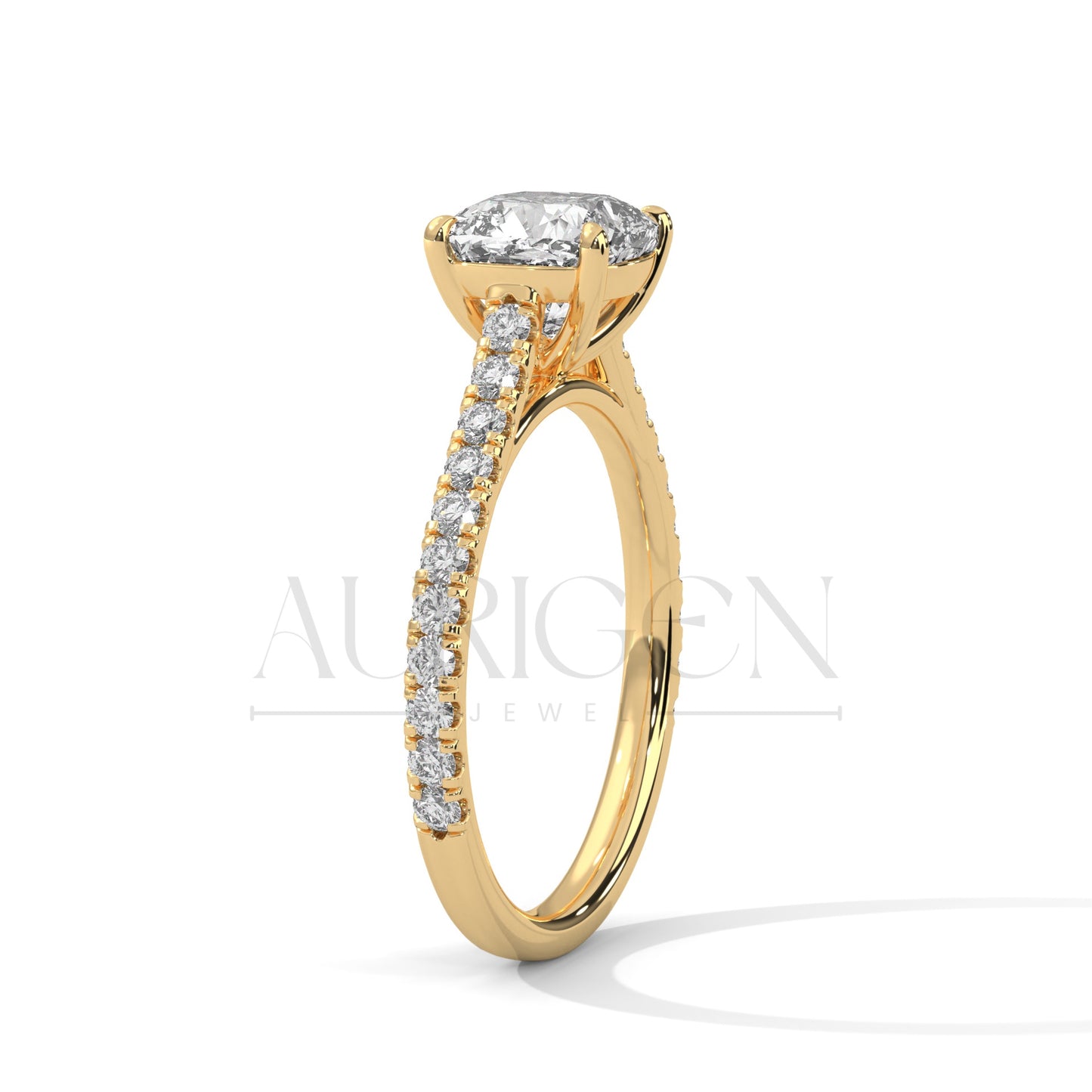 2 Ct Cushion Cut Diamond Engagement Ring with Pave Band in 14K Solid Gold
