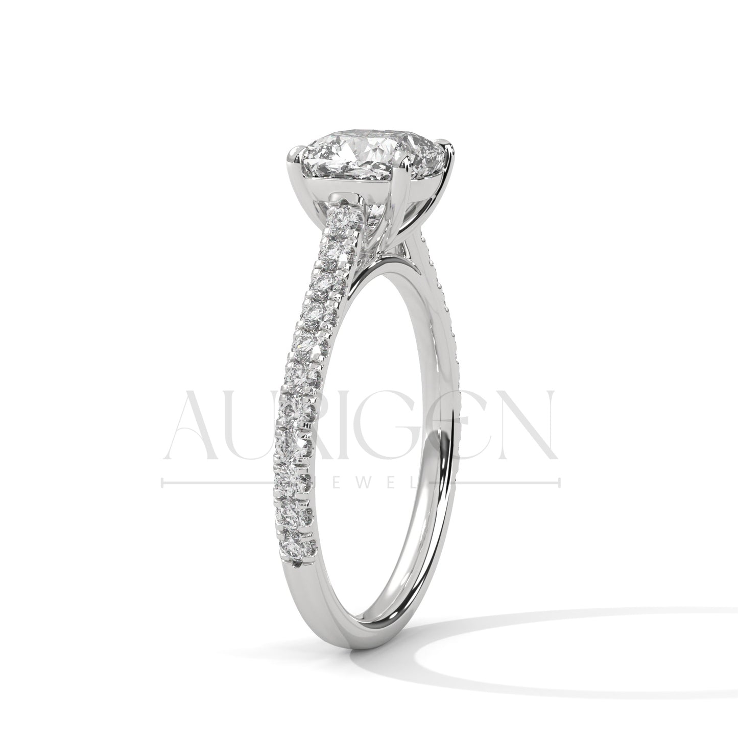 2 Ct Cushion Cut Diamond Engagement Ring with Pave Band in 14K Solid Gold
