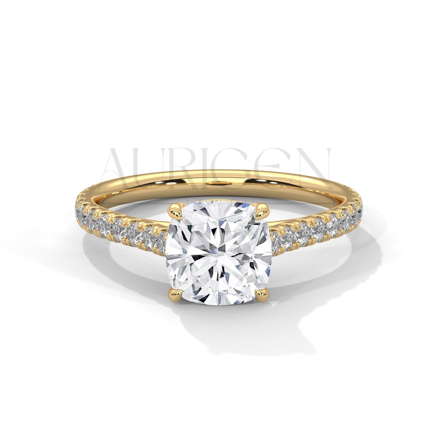 2 Ct Cushion Cut Diamond Engagement Ring with Pave Band in 14K Solid Gold