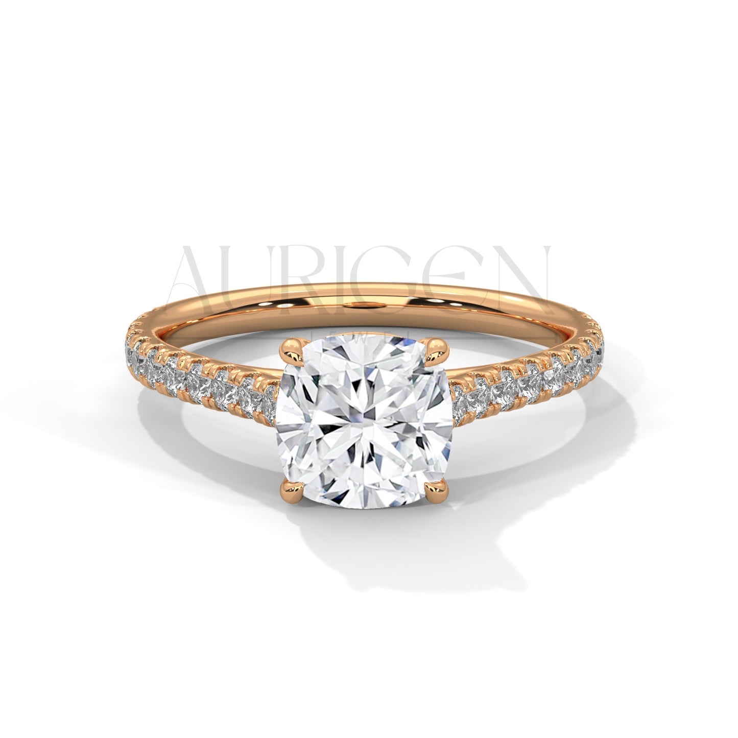 2 Ct Cushion Cut Diamond Engagement Ring with Pave Band in 14K Solid Gold