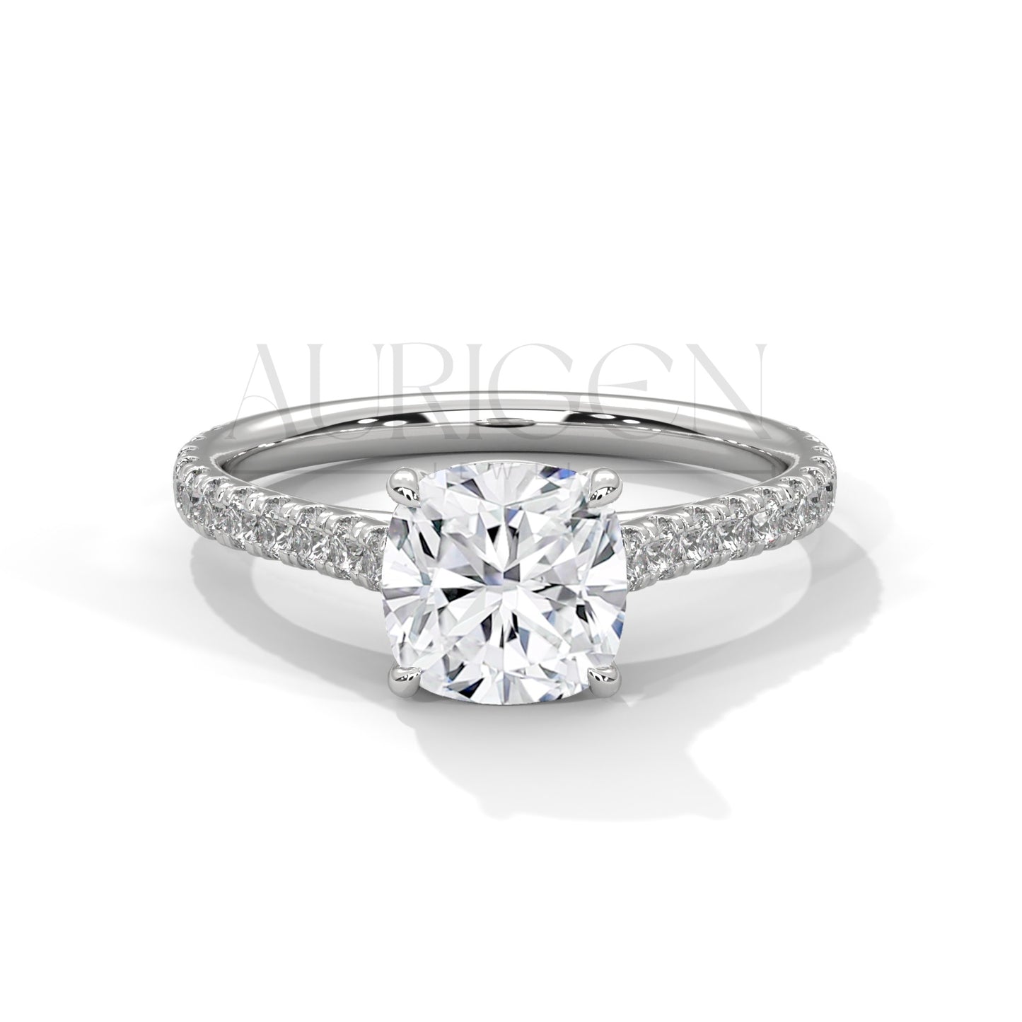 2 Ct Cushion Cut Diamond Engagement Ring with Pave Band in 14K Solid Gold