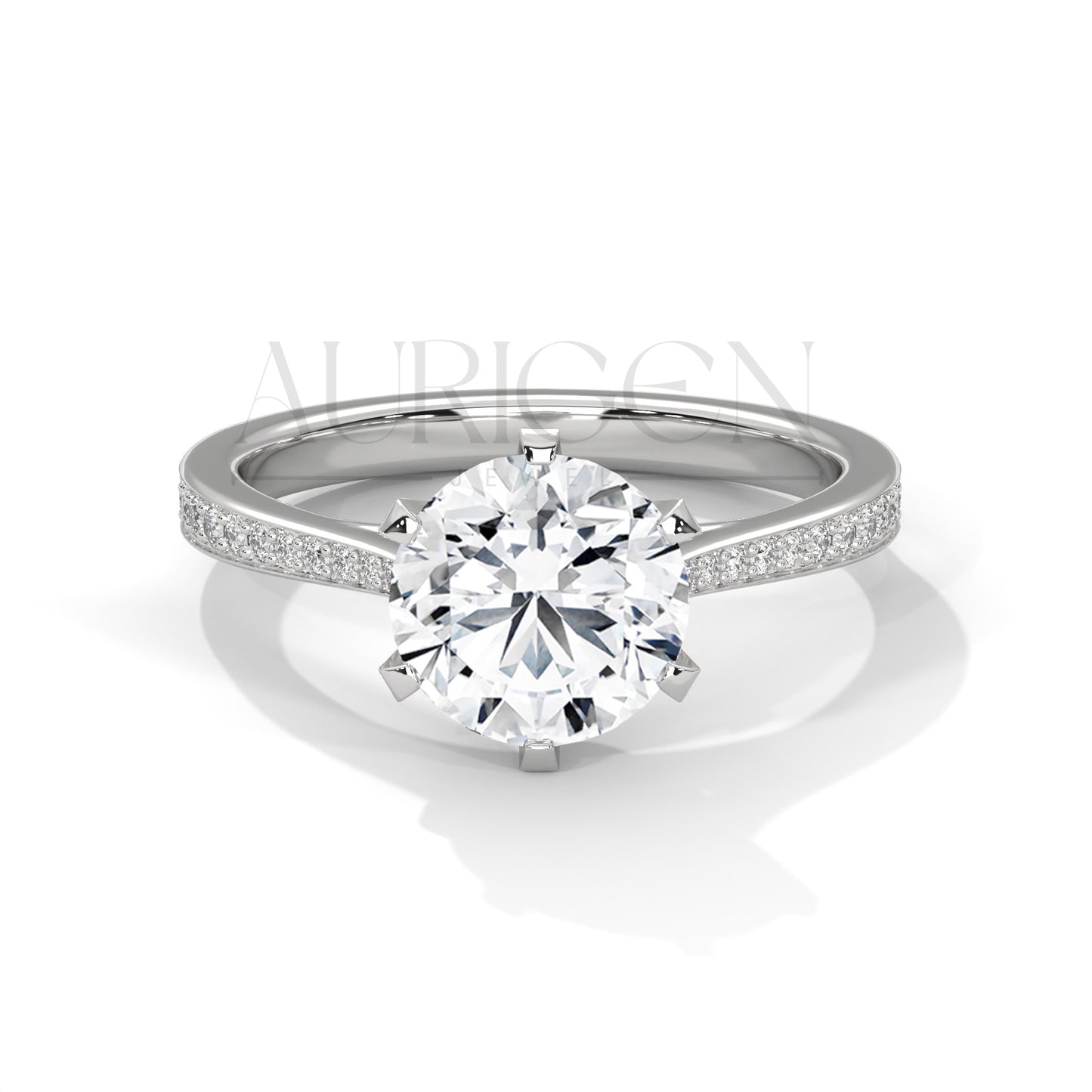 Round Brilliant Cut Solitaire Diamond Ring with Pave Band in 14K Solid Gold