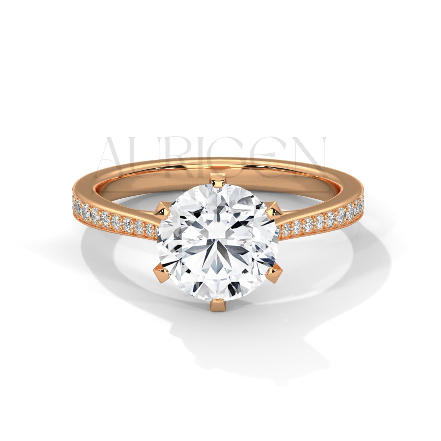Round Brilliant Cut Solitaire Diamond Ring with Pave Band in 14K Solid Gold