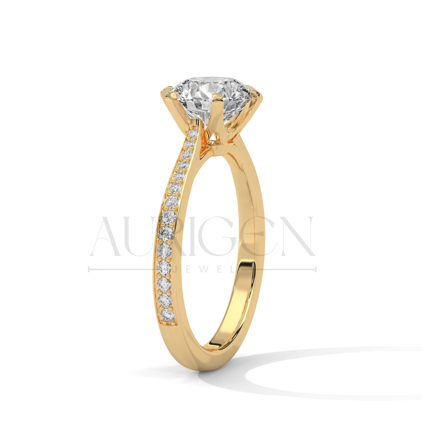 Round Brilliant Cut Solitaire Diamond Ring with Pave Band in 14K Solid Gold