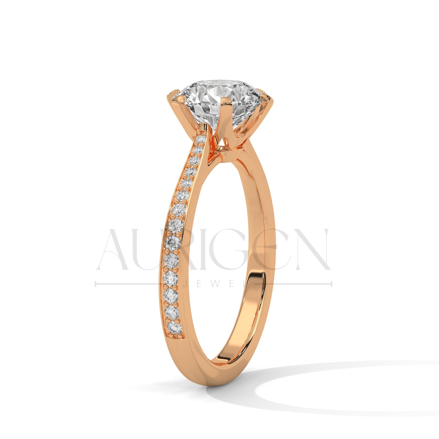 Round Brilliant Cut Solitaire Diamond Ring with Pave Band in 14K Solid Gold