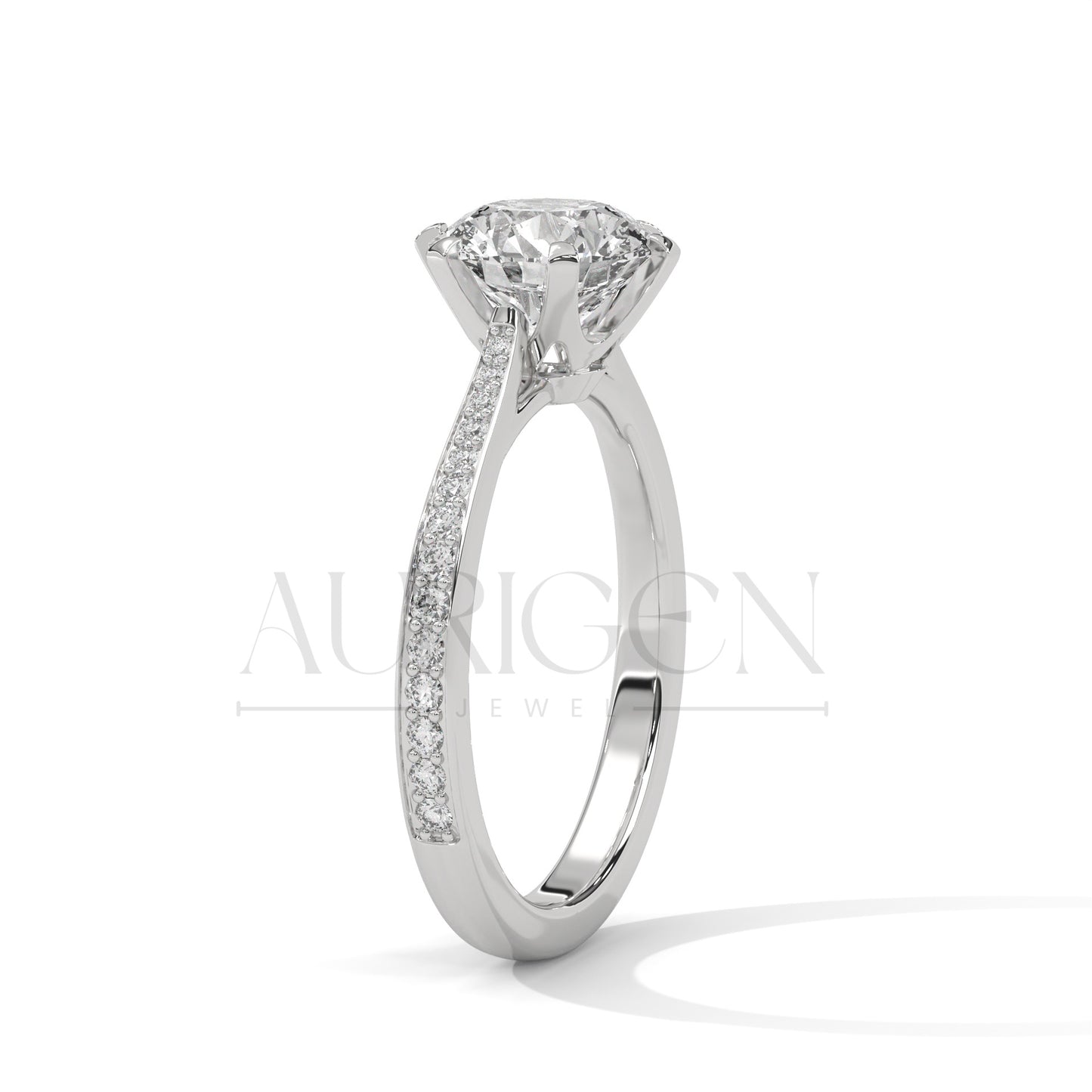 Round Brilliant Cut Solitaire Diamond Ring with Pave Band in 14K Solid Gold