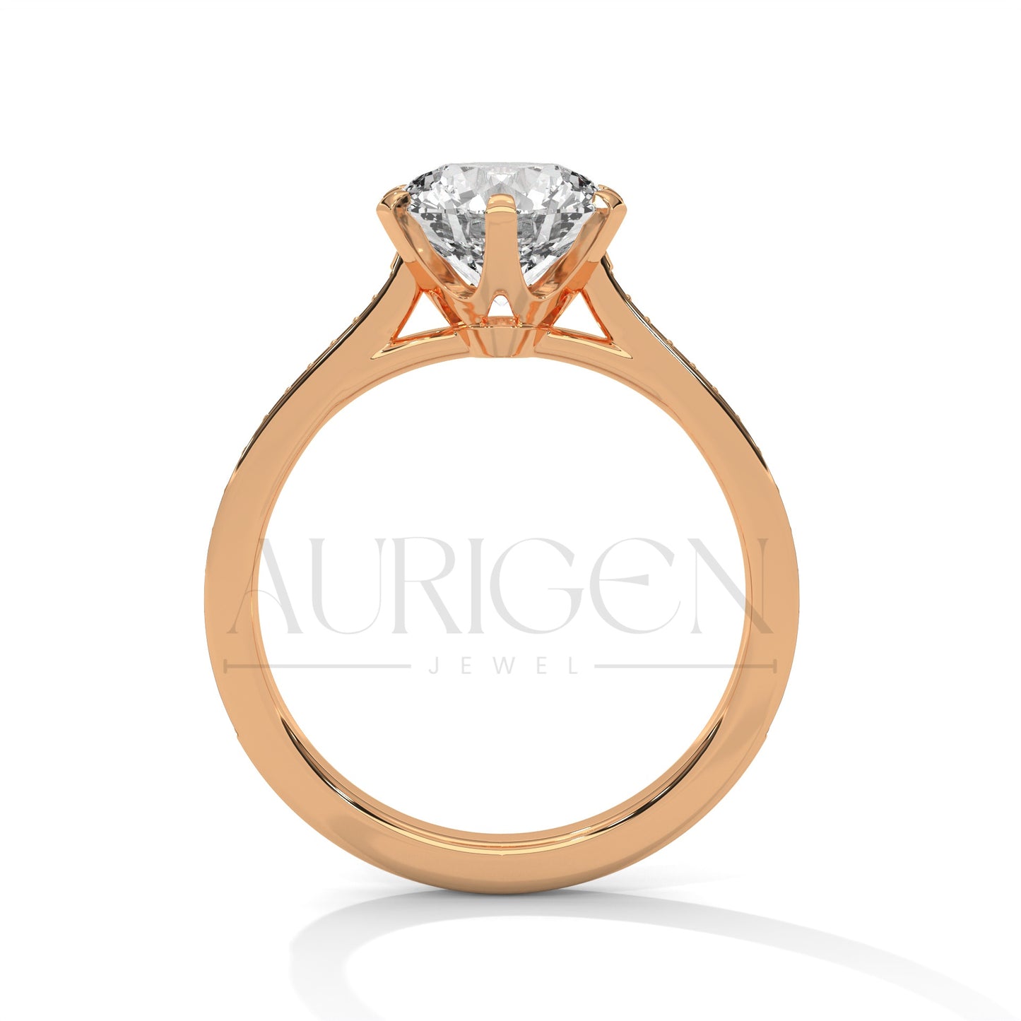Round Brilliant Cut Solitaire Diamond Ring with Pave Band in 14K Solid Gold