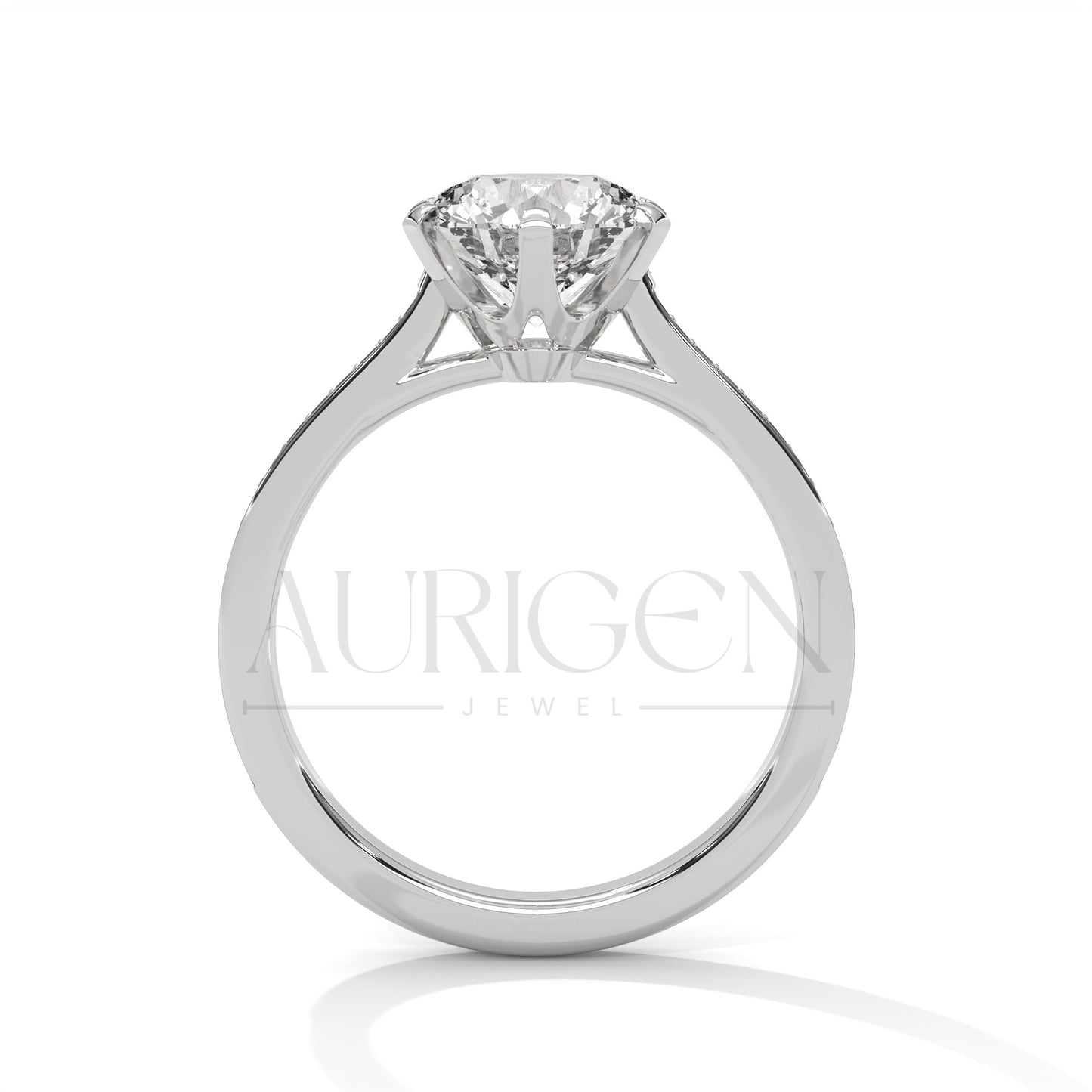 Round Brilliant Cut Solitaire Diamond Ring with Pave Band in 14K Solid Gold