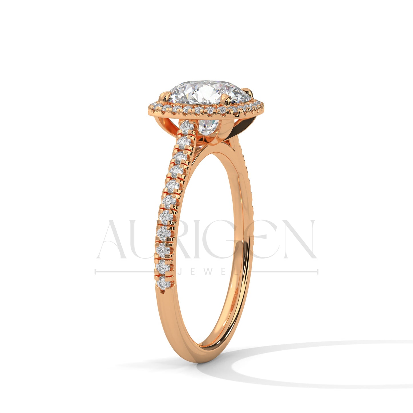 Round Brilliant Diamond Halo Engagement Ring in 14K Solid Gold with Pave Band