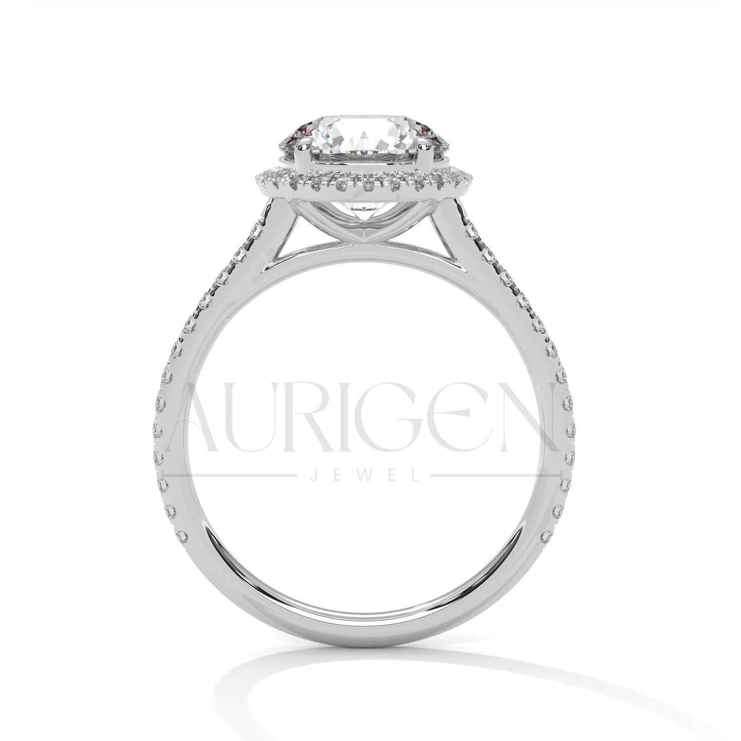 14K Solid Gold Round Brilliant Cut Diamond Ring with Halo and Pave Setting