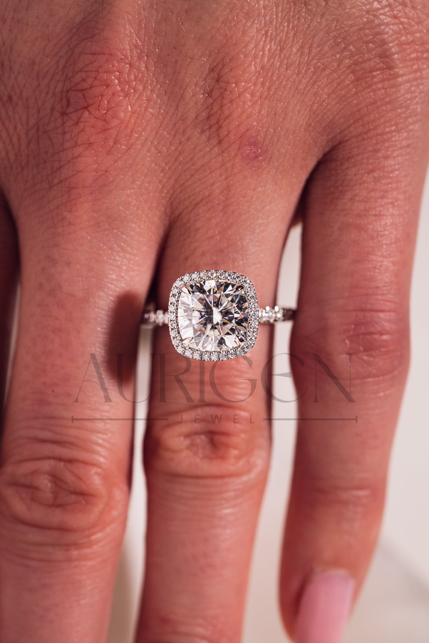 Cushion Halo Engagement Ring With Pave Setting Moissanite & Leb Diamond Ring