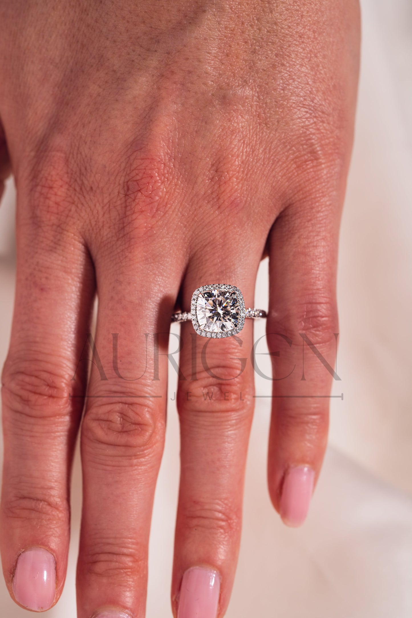 Cushion Halo Engagement Ring With Pave Setting Moissanite & Leb Diamond Ring