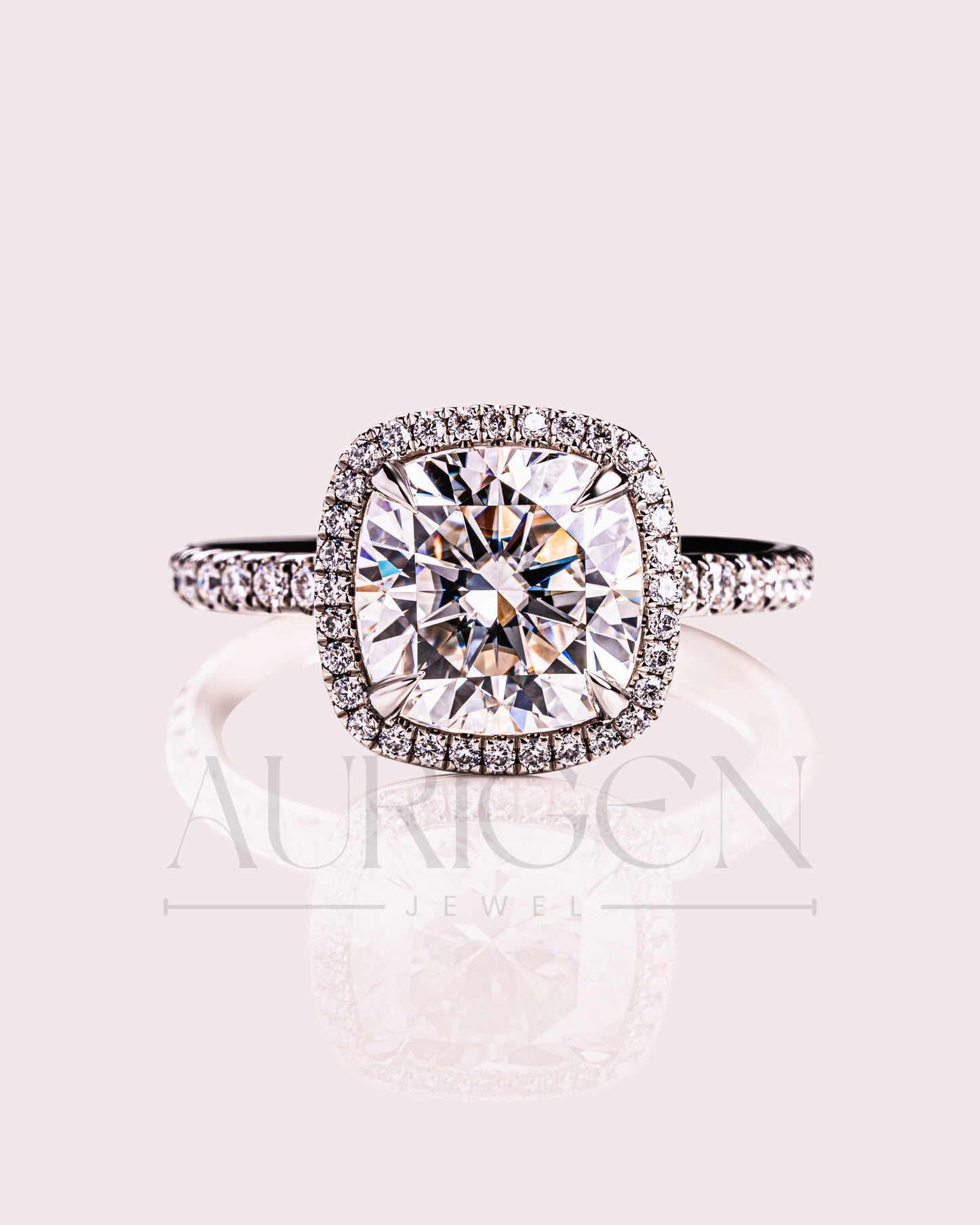 Cushion Halo Engagement Ring With Pave Setting Moissanite & Leb Diamond Ring