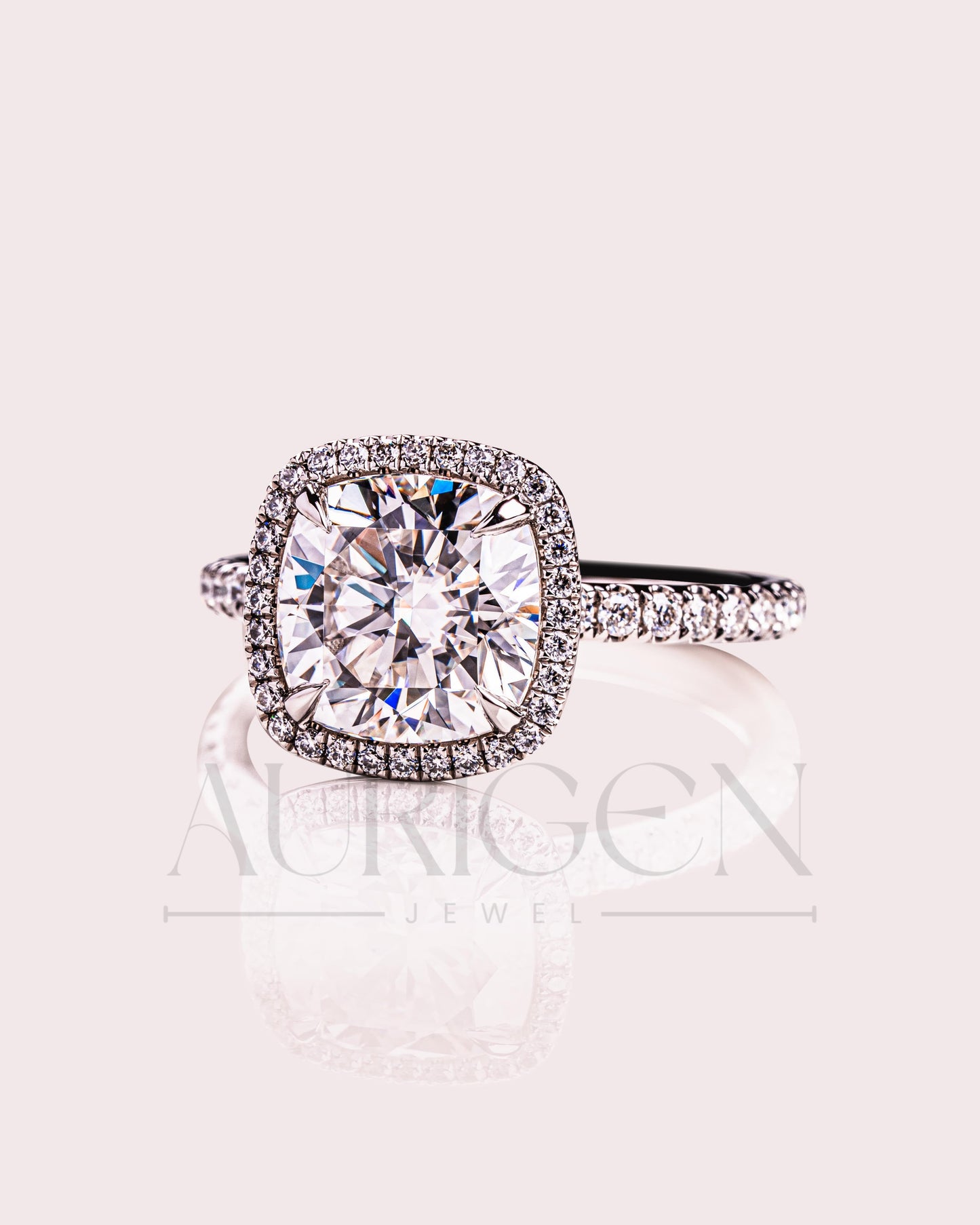 Cushion Halo Engagement Ring With Pave Setting Moissanite & Leb Diamond Ring